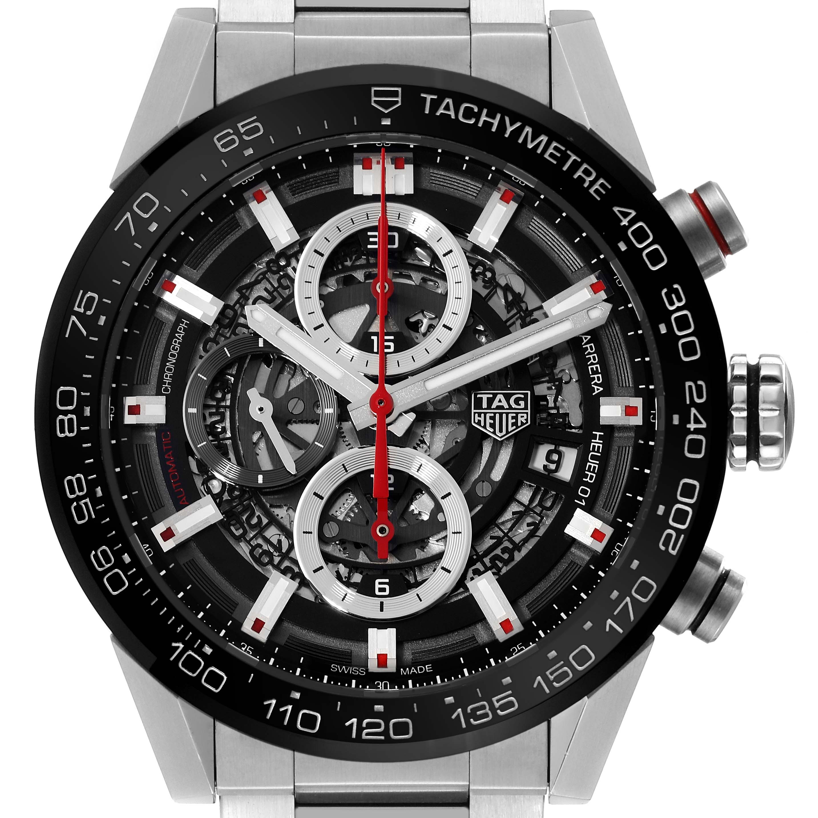 The image shows a close-up, front-facing view of a Tag Heuer Carrera CAR201V.BA0714 Men's Stainless Steel Transparent Dial CAR201V.BA0714 Men's Stainless Steel Transparent Dial watch, detailing its face, hands, and tachymeter bezel.