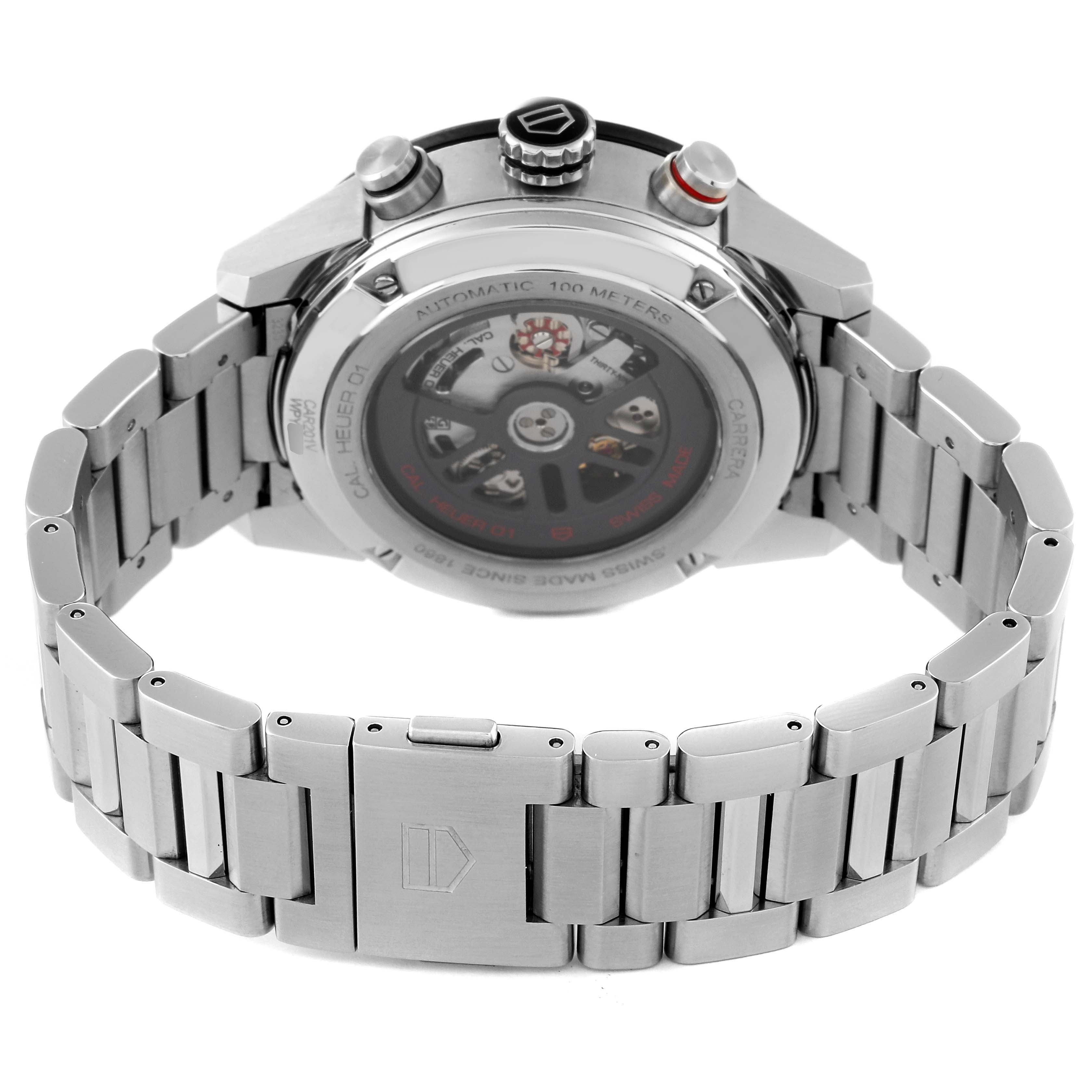 The image shows the back view of the Tag Heuer Carrera CAR201V.BA0714 Men's Stainless Steel Transparent Dial CAR201V.BA0714 Men's Stainless Steel Transparent Dial watch, highlighting its stainless steel bracelet and see-through case back.