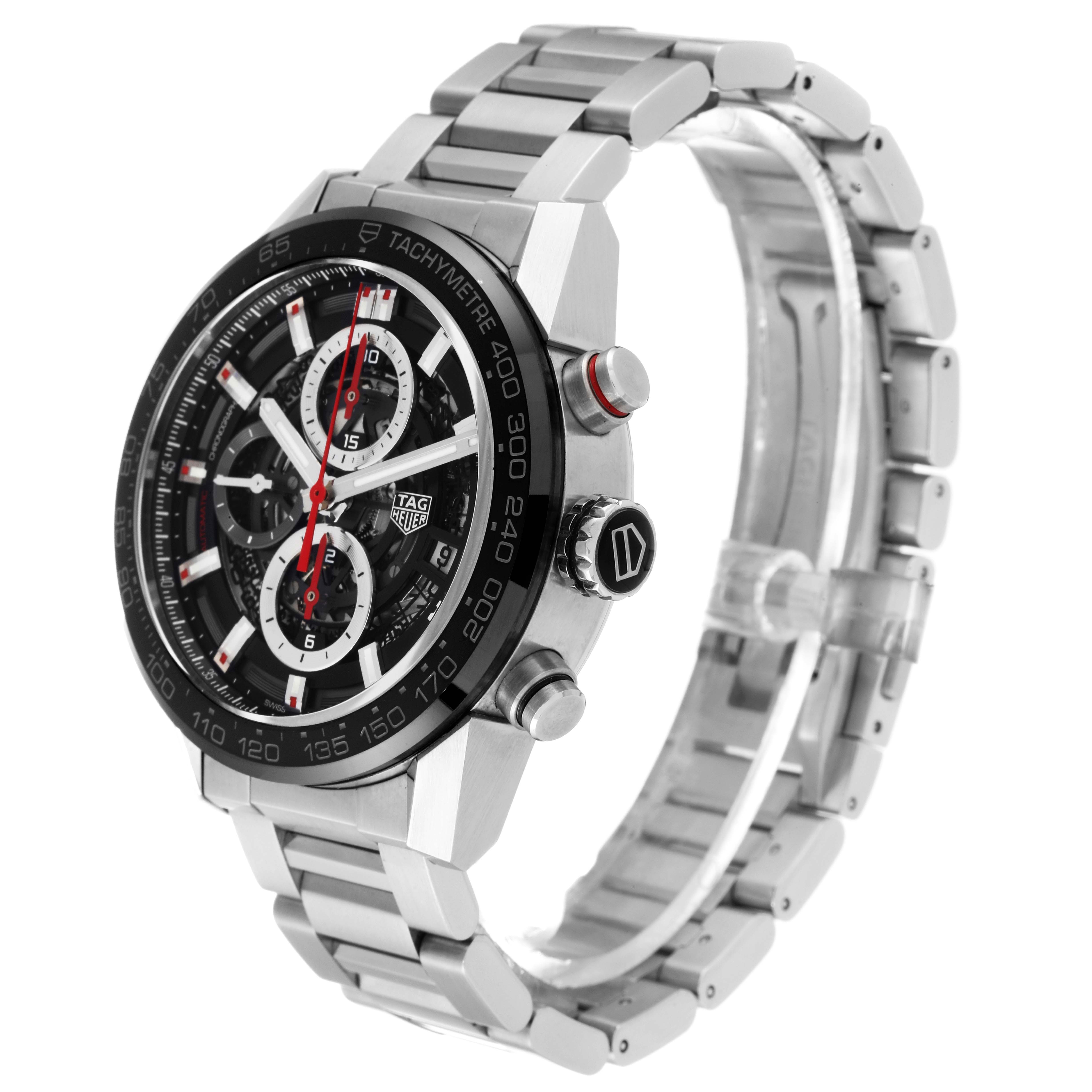 This image shows a side angle of the Tag Heuer Carrera CAR201V.BA0714 Men's Stainless Steel Transparent Dial CAR201V.BA0714 Men's Stainless Steel Transparent Dial watch, highlighting its case, dial, crown, and metal bracelet.