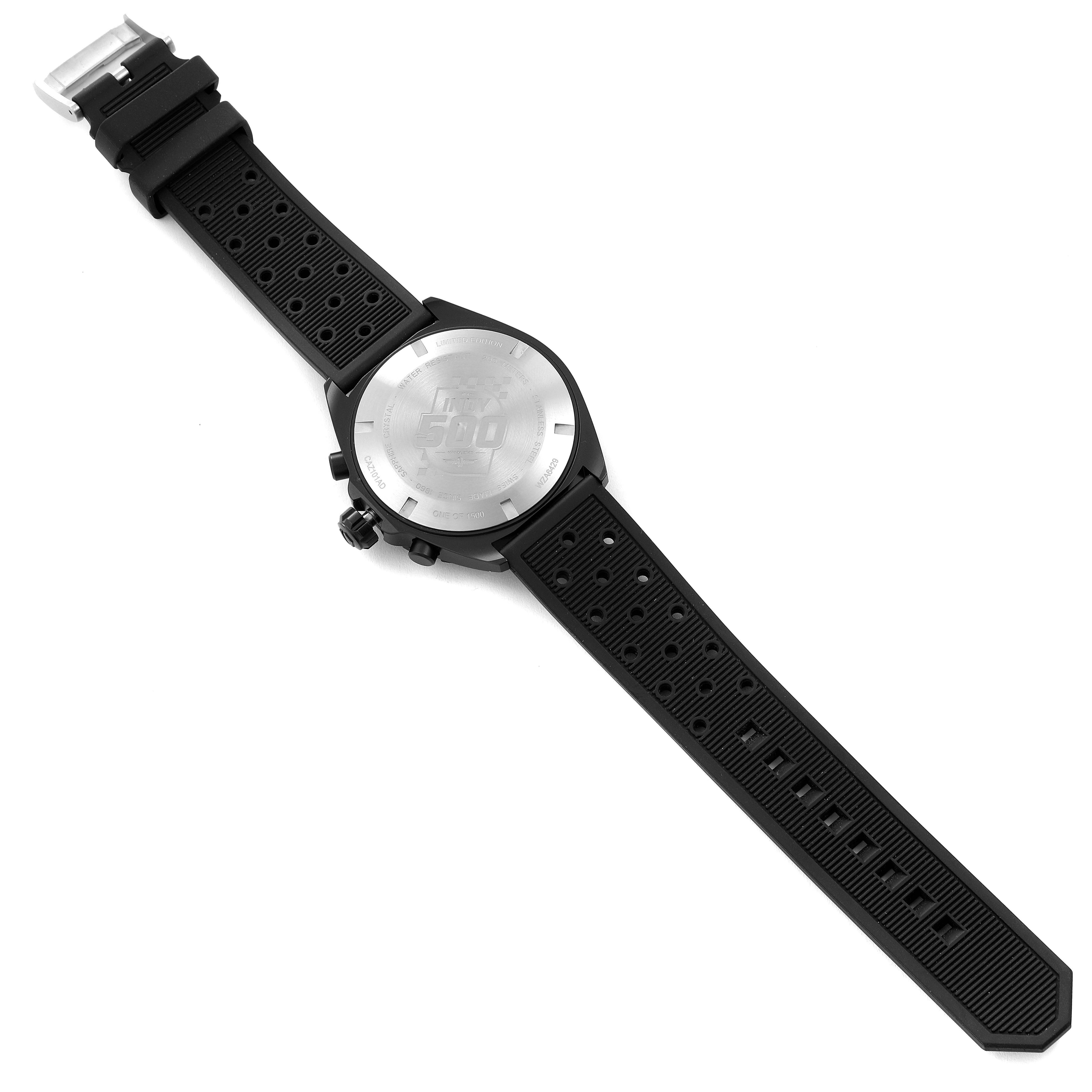 The image shows the back view of a Tag Heuer Formula 1 CAZ101AD.FT8024 Men's Stainless Steel Black Dial CAZ101AD.FT8024 Men's Stainless Steel Black Dial watch, displaying its case back and black perforated rubber strap.