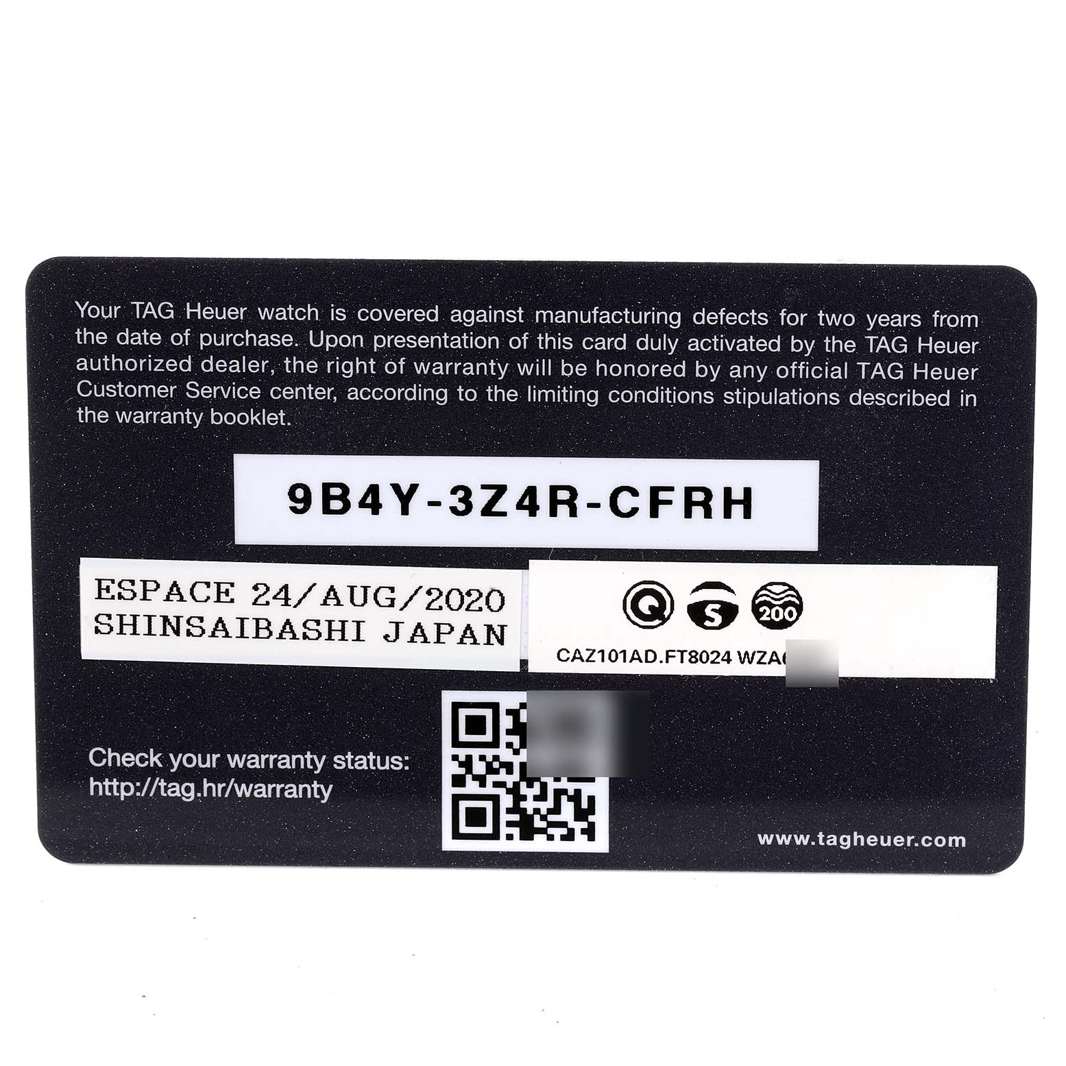 This is a Tag Heuer Formula 1 CAZ101AD.FT8024 Men's Stainless Steel Black Dial CAZ101AD.FT8024 Men's Stainless Steel Black Dial warranty card with the purchase date and location details.