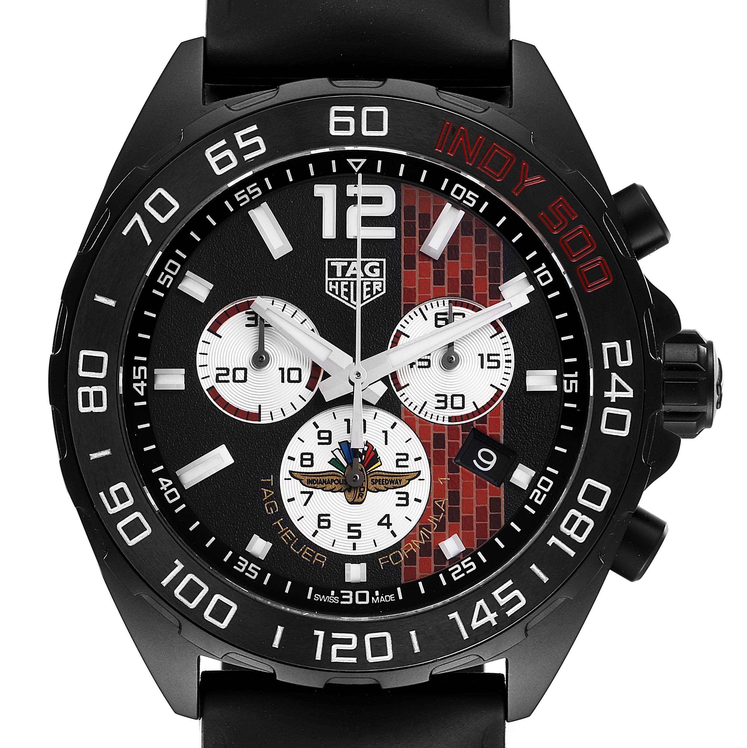 The image shows a front view of a Tag Heuer Formula 1 CAZ101AD.FT8024 Men's Stainless Steel Black Dial CAZ101AD.FT8024 Men's Stainless Steel Black Dial watch, featuring its dial, bezel, and chronograph subdials.