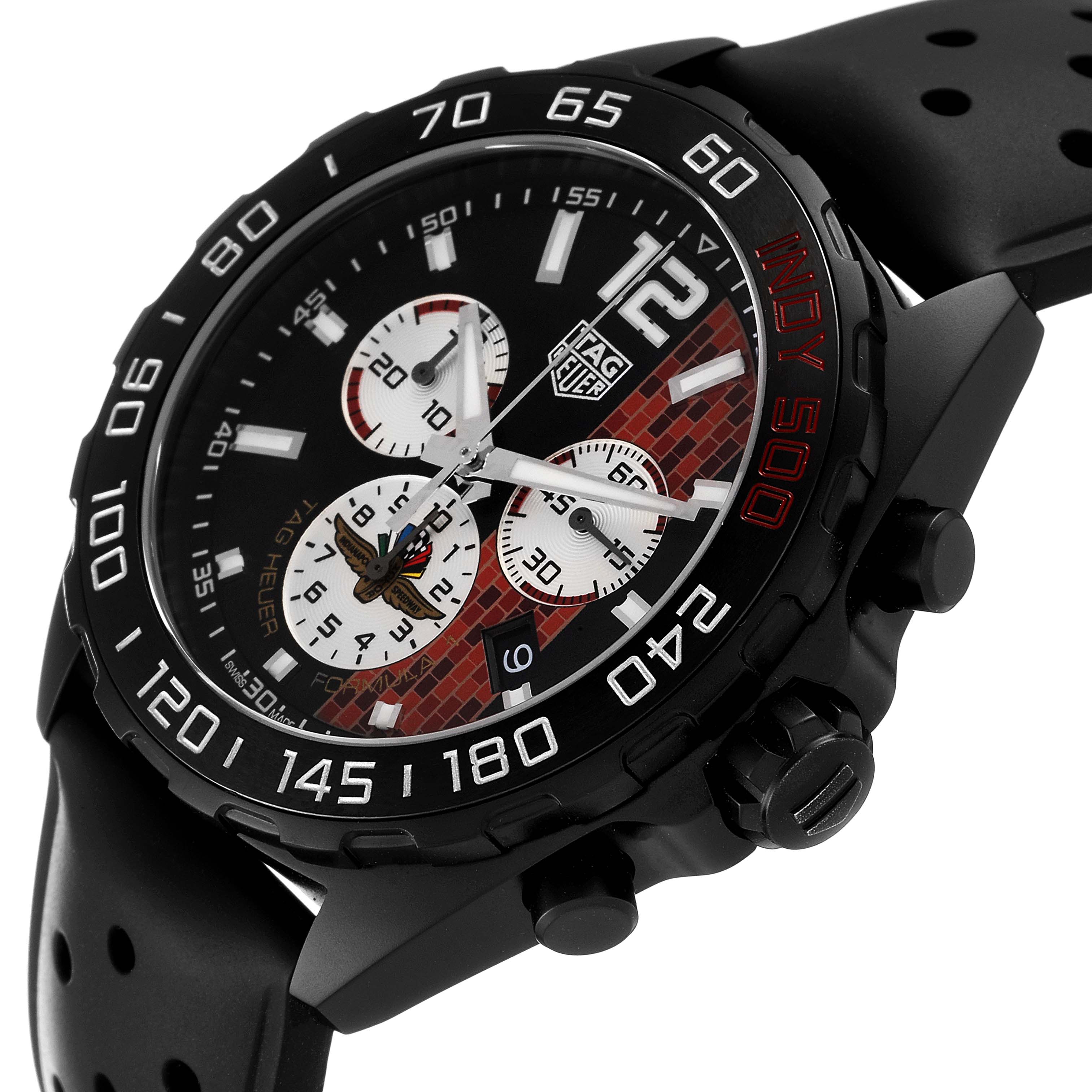 The image shows a close-up angle of the Tag Heuer Formula 1 CAZ101AD.FT8024 Men's Stainless Steel Black Dial CAZ101AD.FT8024 Men's Stainless Steel Black Dial watch, displaying the bezel, crown, pushers, and the face.