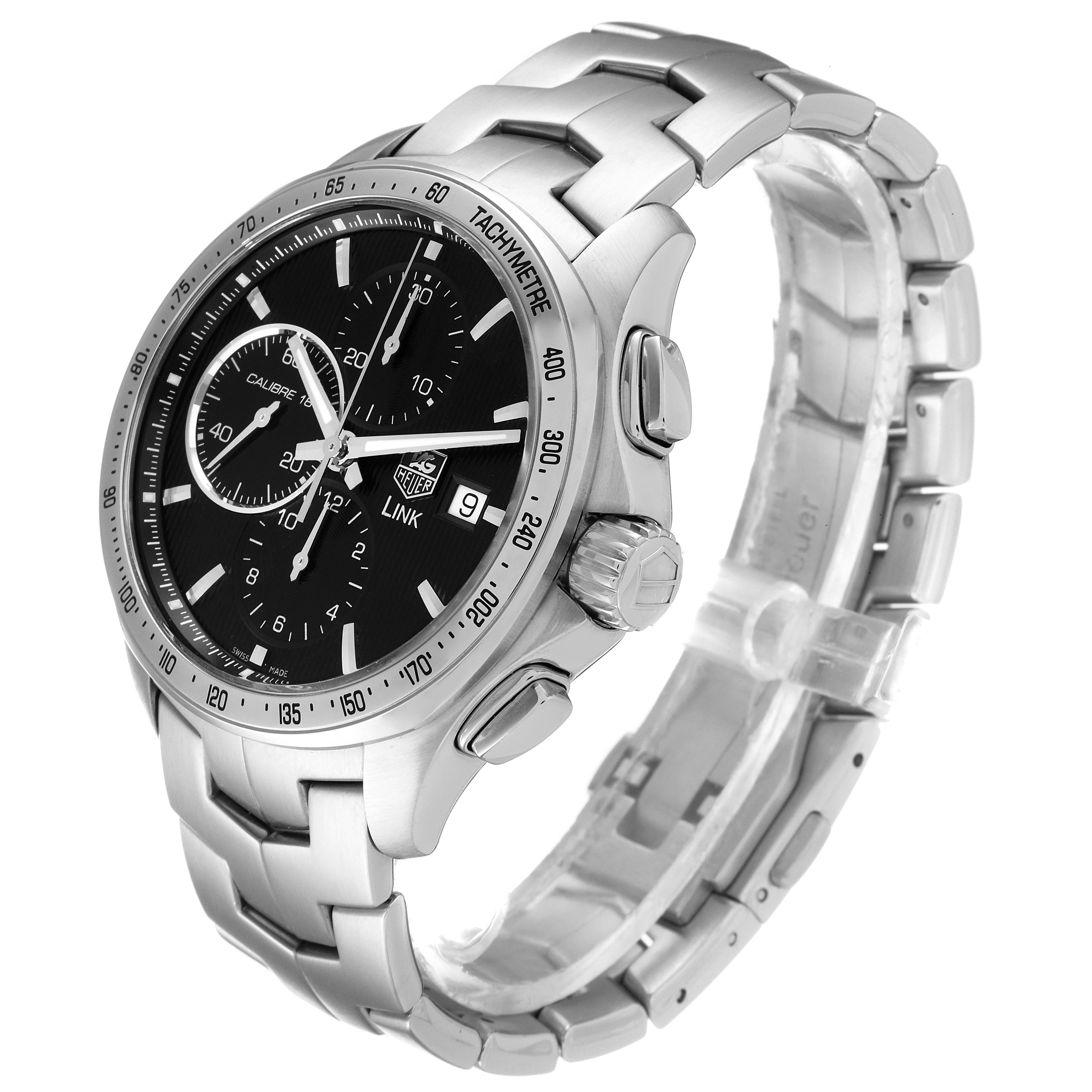 The image shows a Tag Heuer Link CAT2010.BA0952 Men's Stainless Steel Black Dial CAT2010.BA0952 Men's Stainless Steel Black Dial model watch, highlighting the face, bezel, crown, and bracelet from an angled side view.