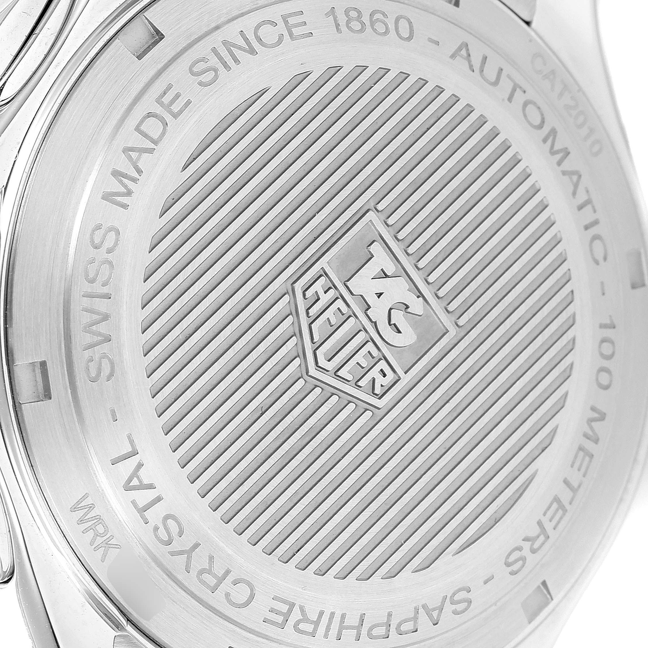 The image shows the back case of a Tag Heuer Link CAT2010.BA0952 Men's Stainless Steel Black Dial CAT2010.BA0952 Men's Stainless Steel Black Dial model watch, detailing specifications and branding.