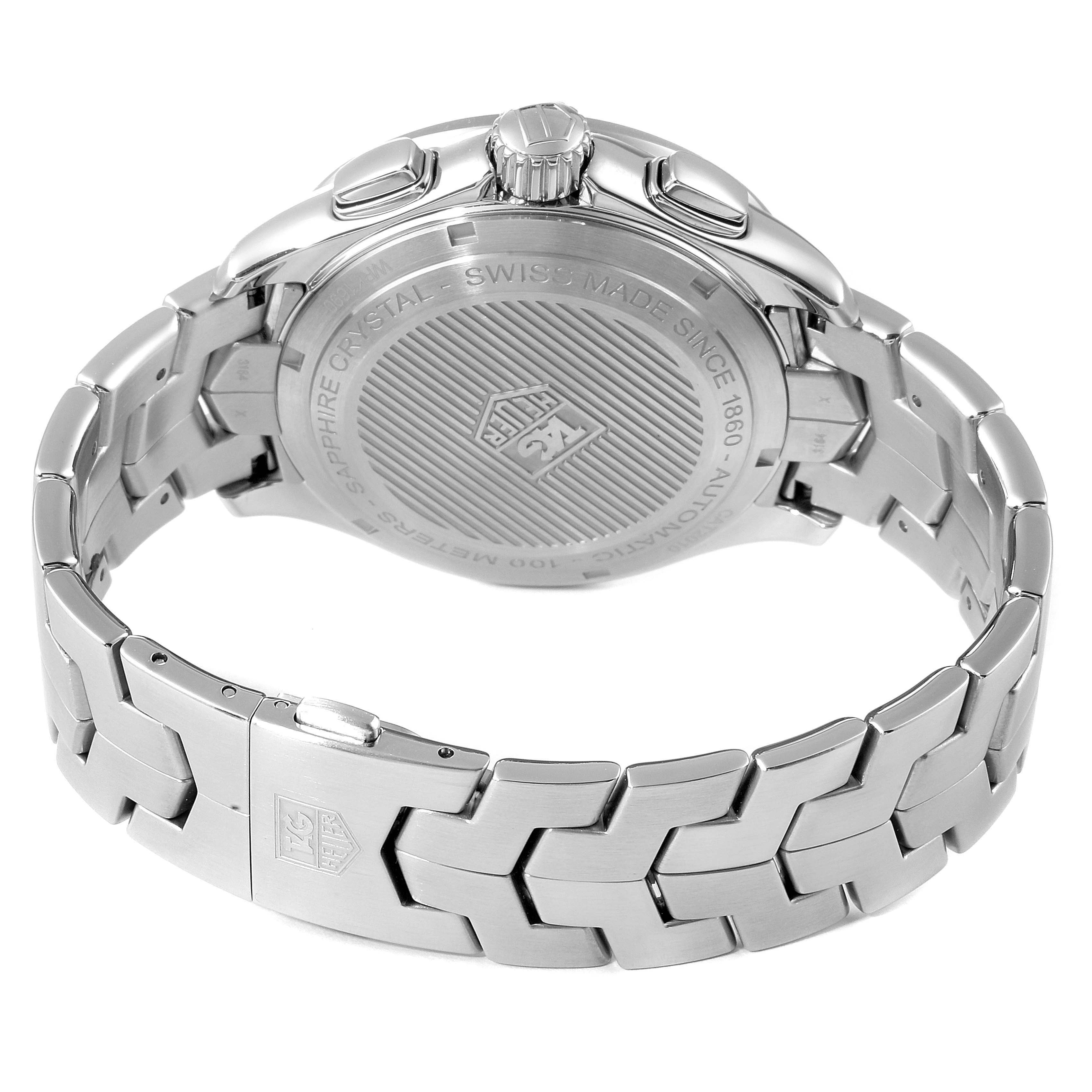 The Tag Heuer Link CAT2010.BA0952 Men's Stainless Steel Black Dial CAT2010.BA0952 Men's Stainless Steel Black Dial model watch is shown from the rear, featuring the back case, crown, pushers, and stainless steel bracelet.