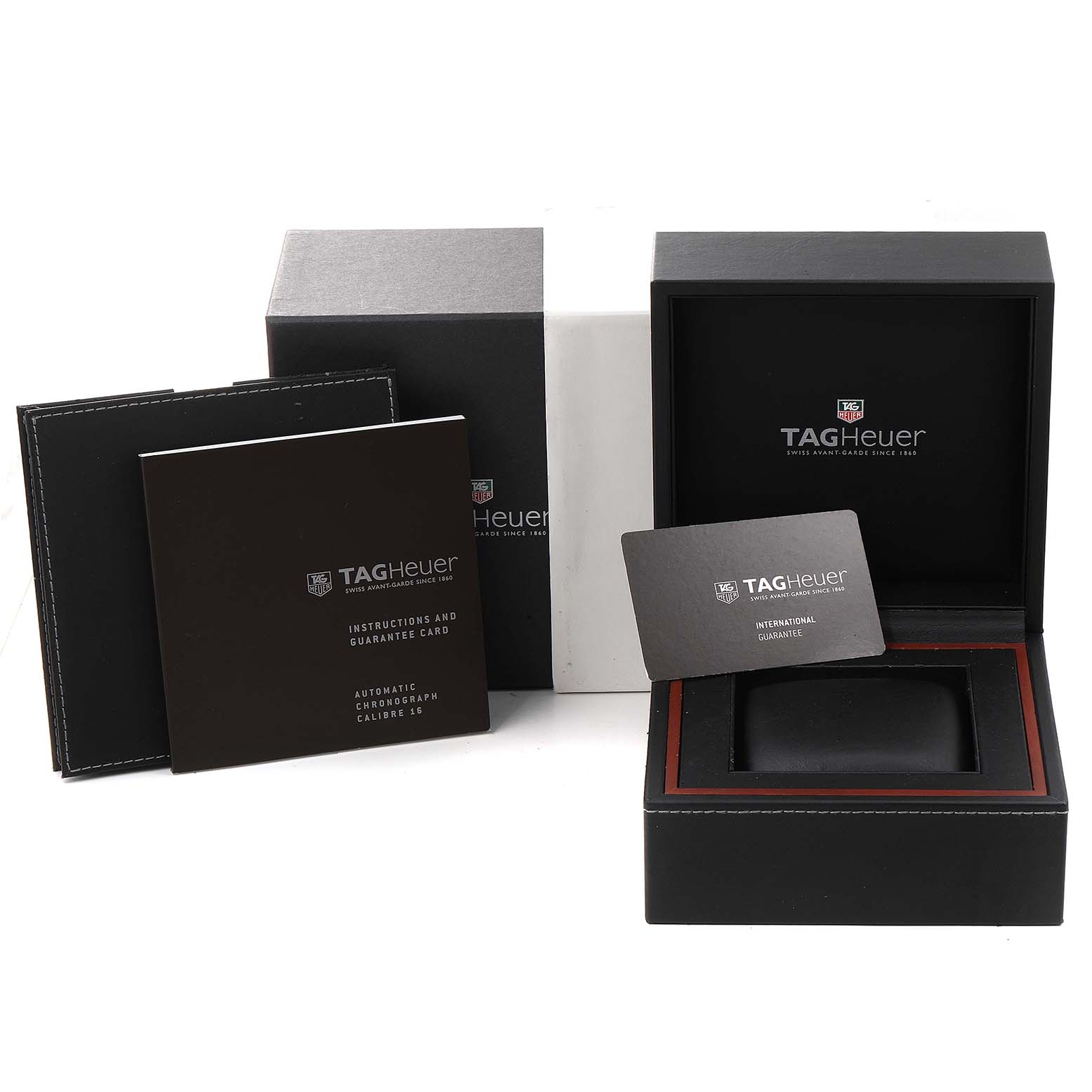 This image shows the packaging, warranty card, instruction booklet, and box for a Tag Heuer Link CAT2017.BA0952 Men's Stainless Steel Grey Dial CAT2017.BA0952 Men's Stainless Steel Grey Dial model watch.