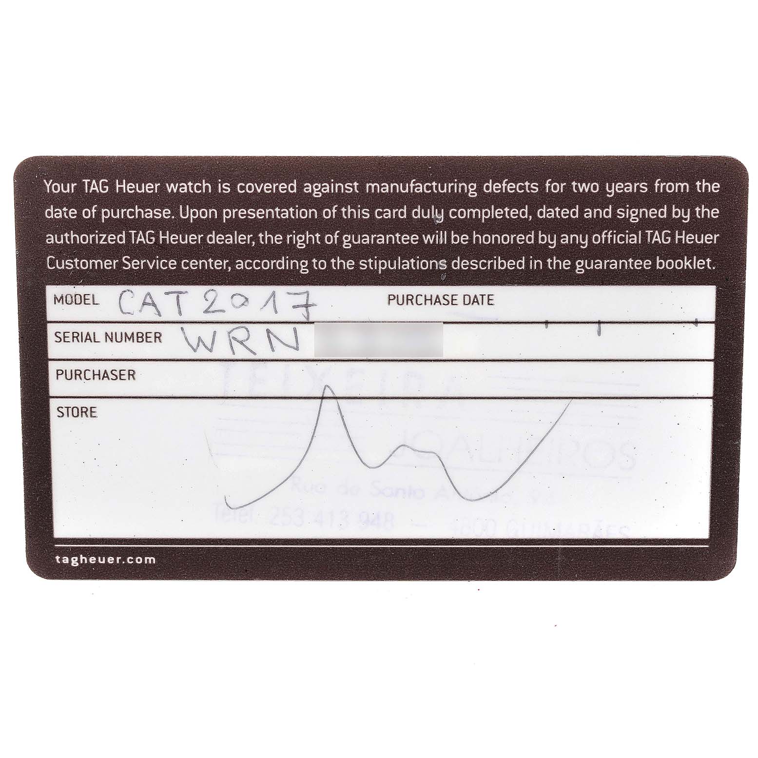 The image shows a TAG Heuer warranty card for the Link model, including the model and serial numbers, purchase date section, purchaser, and store fields.