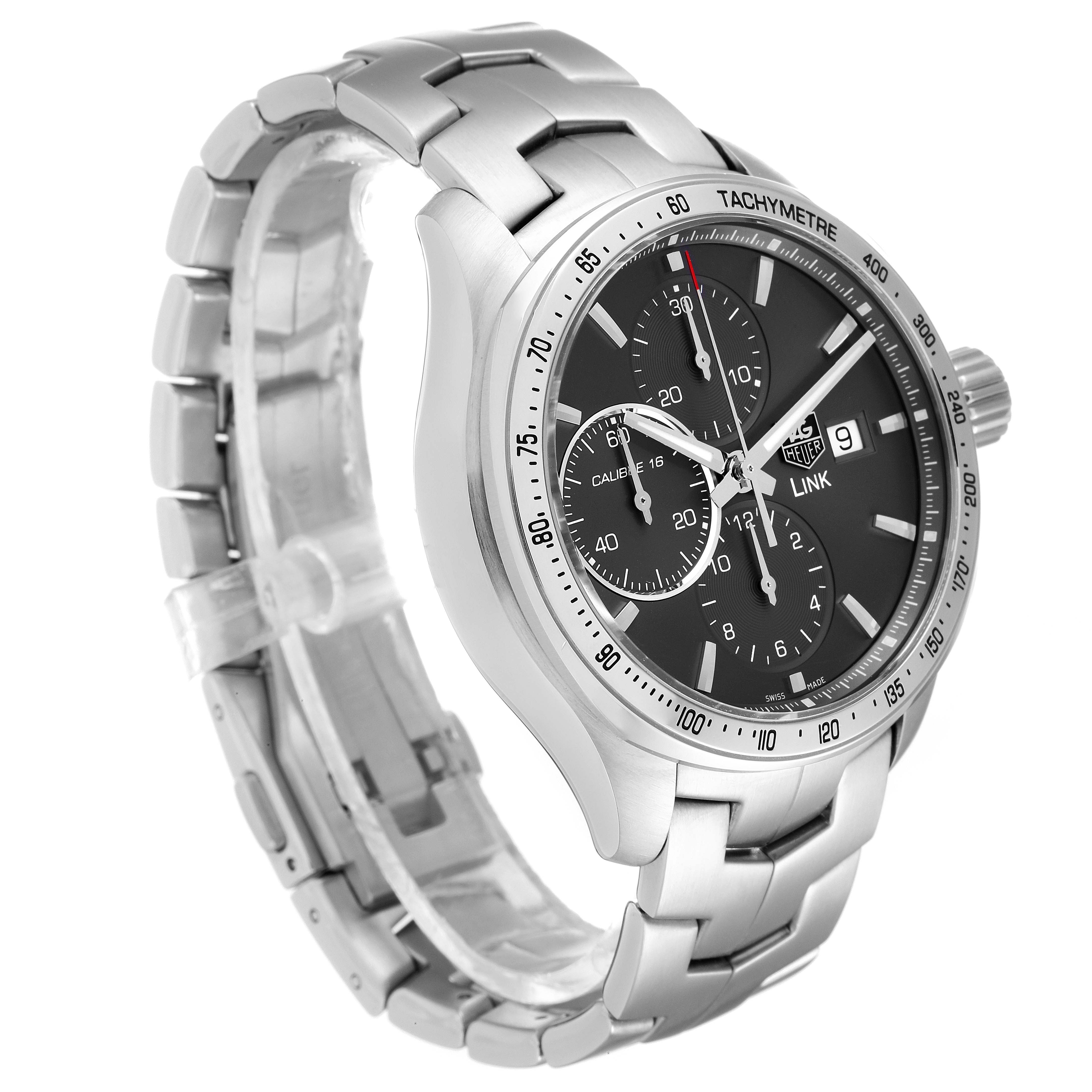 The image shows a full view of the Tag Heuer Link CAT2017.BA0952 Men's Stainless Steel Grey Dial CAT2017.BA0952 Men's Stainless Steel Grey Dial watch, angled to highlight the face, bezel, case, and bracelet.