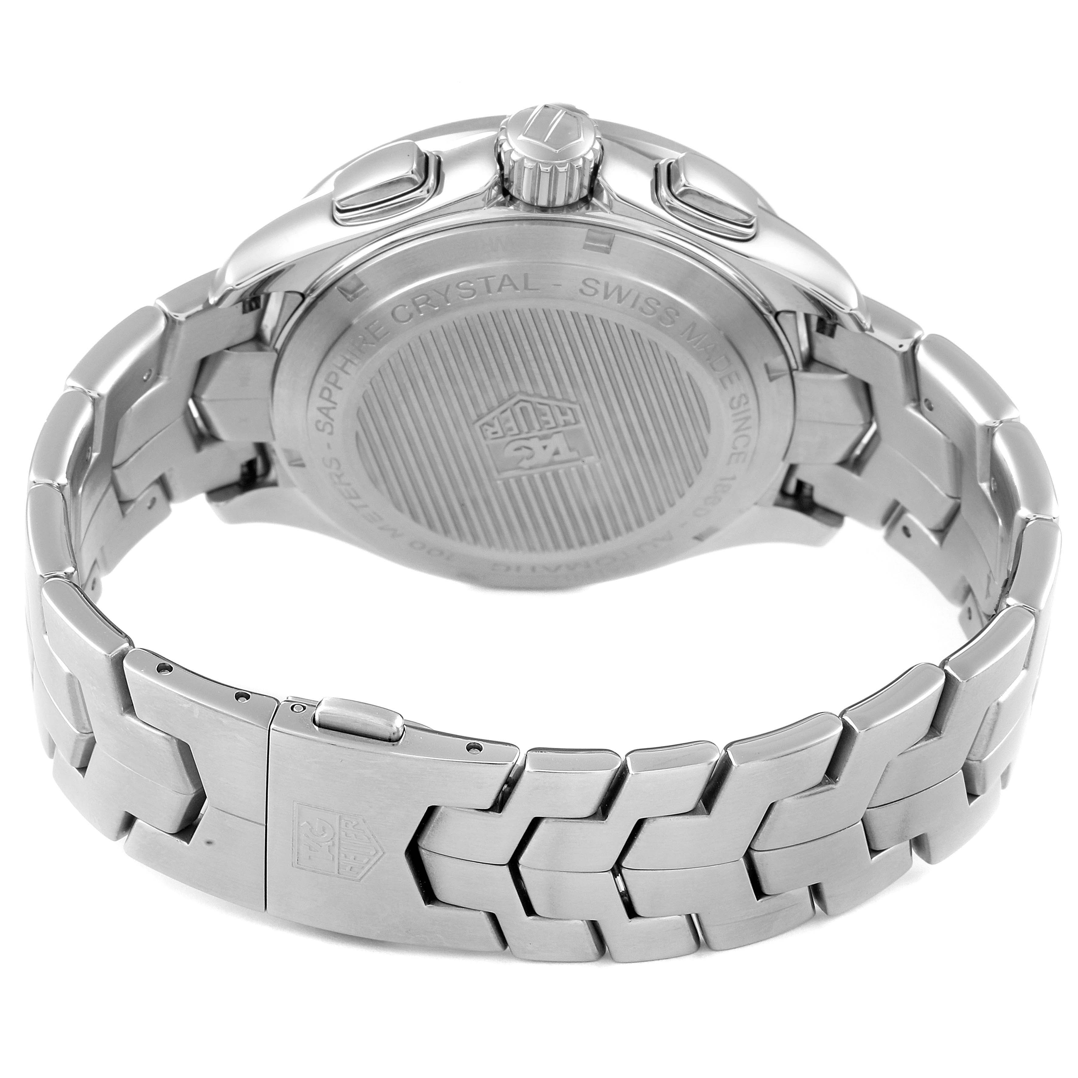 The image shows the back view of a Tag Heuer Link CAT2017.BA0952 Men's Stainless Steel Grey Dial CAT2017.BA0952 Men's Stainless Steel Grey Dial model watch, focusing on its stainless steel bracelet, clasp, and case back.