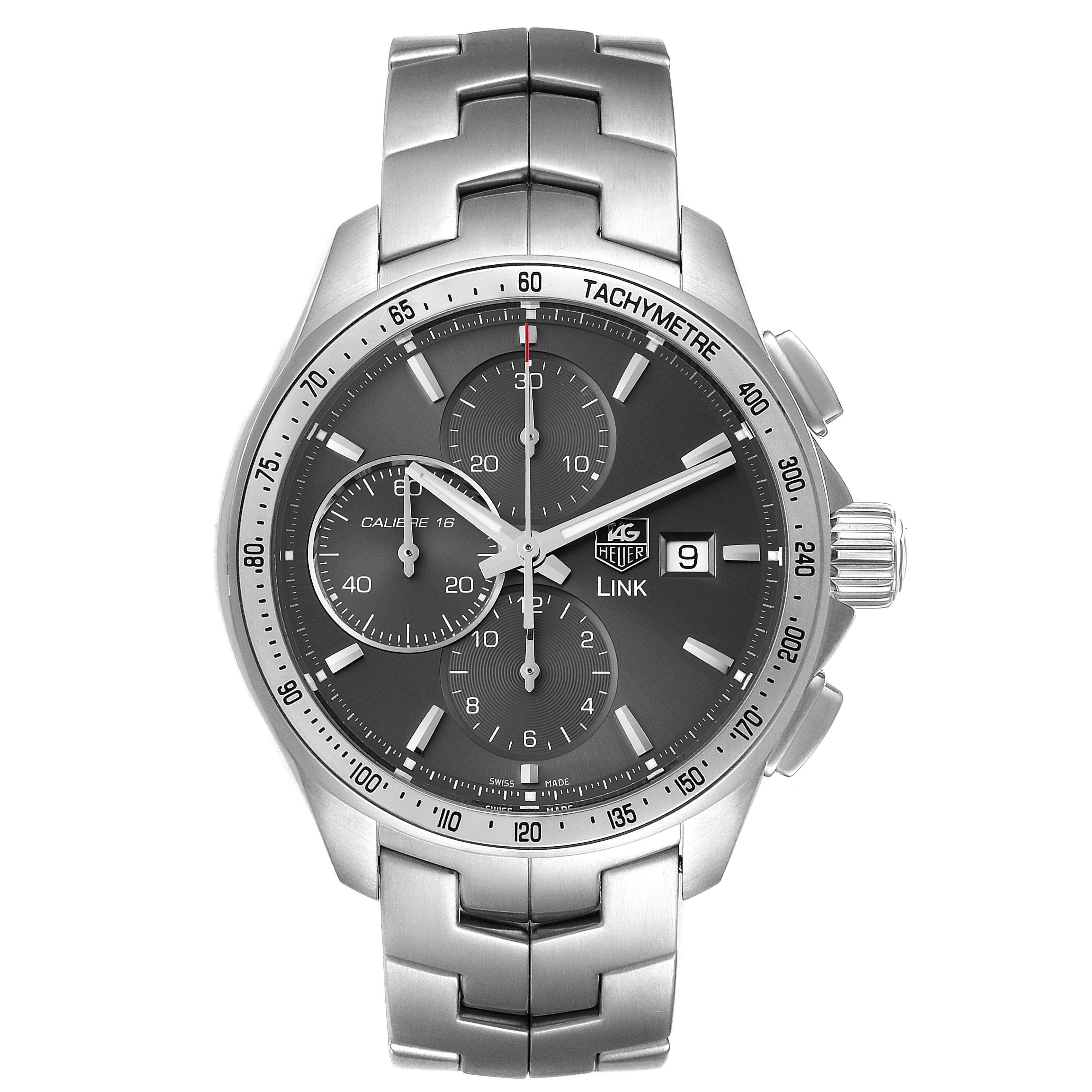 The image shows a front view of the Tag Heuer Link CAT2017.BA0952 Men's Stainless Steel Grey Dial CAT2017.BA0952 Men's Stainless Steel Grey Dial watch displaying its dial, tachymeter, and the metal bracelet.