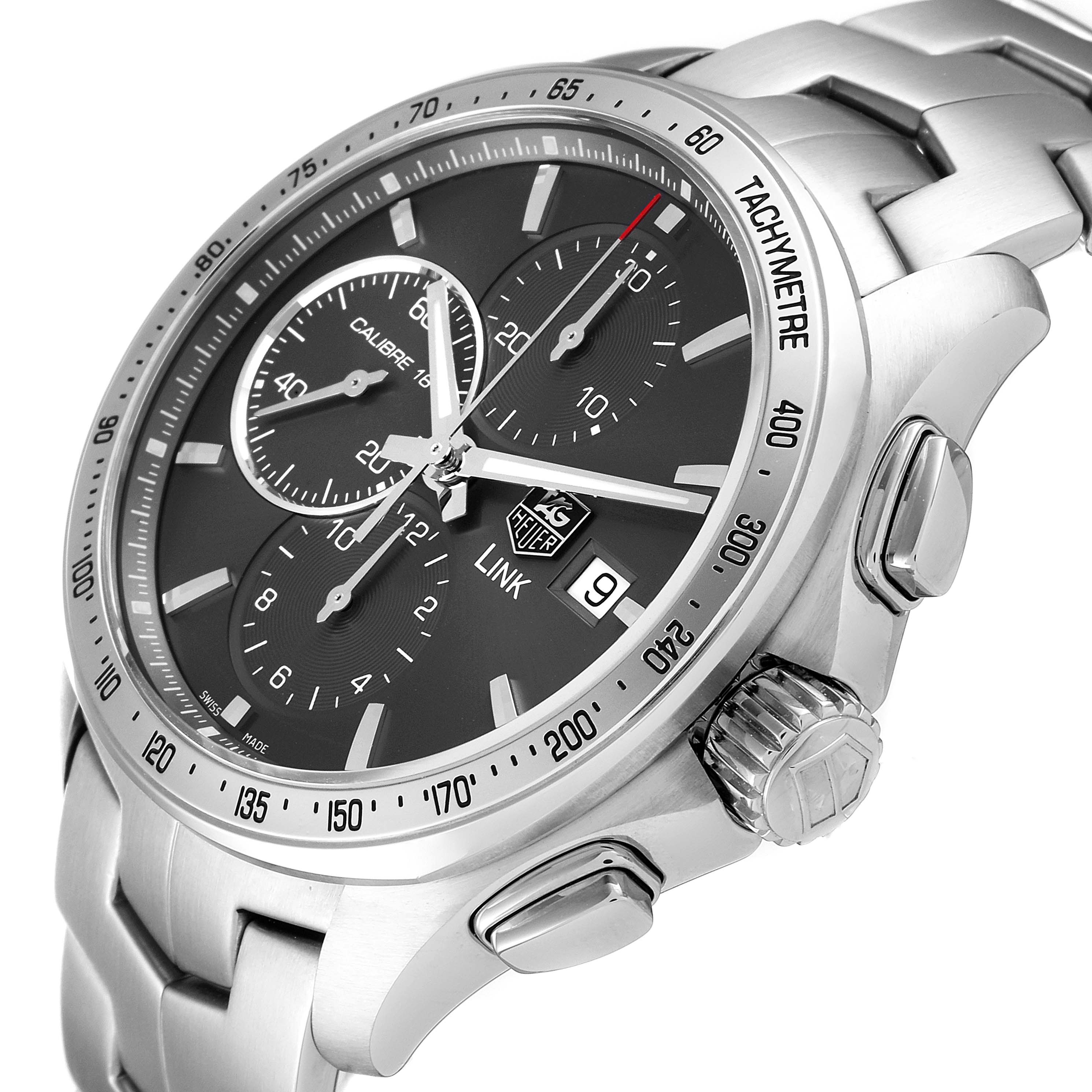 The image shows a Tag Heuer Link CAT2017.BA0952 Men's Stainless Steel Grey Dial CAT2017.BA0952 Men's Stainless Steel Grey Dial model watch at a three-quarter angle, highlighting the face, crown, pushers, and part of the bracelet.