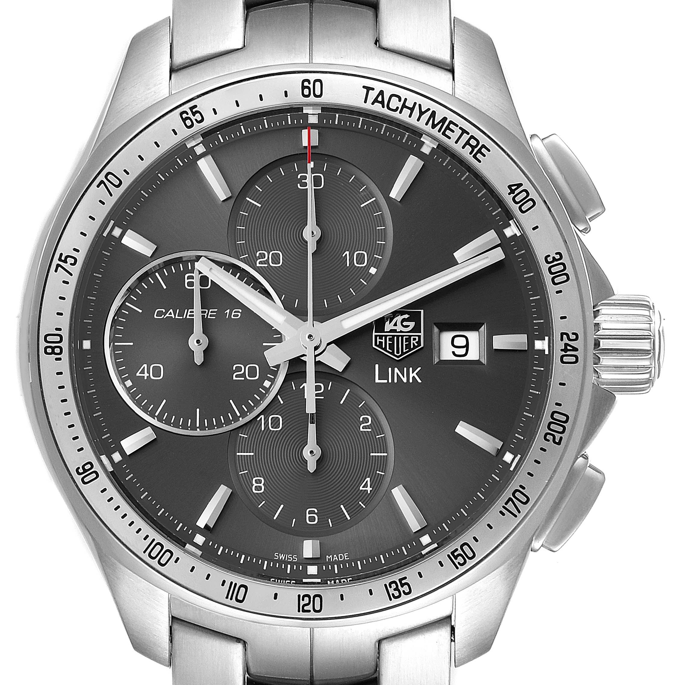 The image shows a front view of a Tag Heuer Link CAT2017.BA0952 Men's Stainless Steel Grey Dial CAT2017.BA0952 Men's Stainless Steel Grey Dial watch, highlighting the dial, sub-dials, tachymeter scale, and date window.