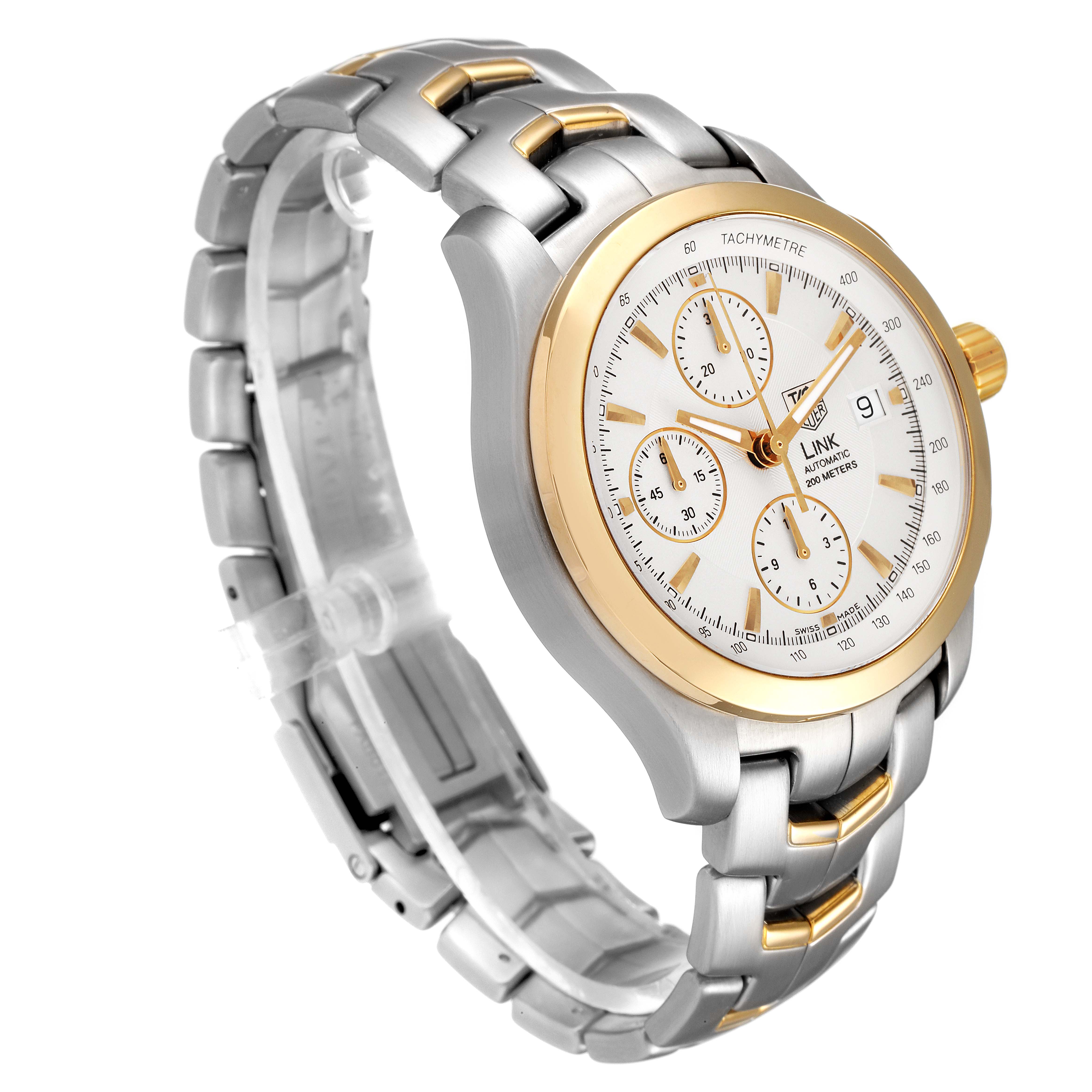 The image shows a Tag Heuer Link CJF2150.BB0595 Men
s Steel and Gold (two tone) Silver Dial CJF2150.BB0595 Men
s Steel and Gold (two tone) Silver Dial model watch at an angle displaying the face, bezel, and part of the bracelet.