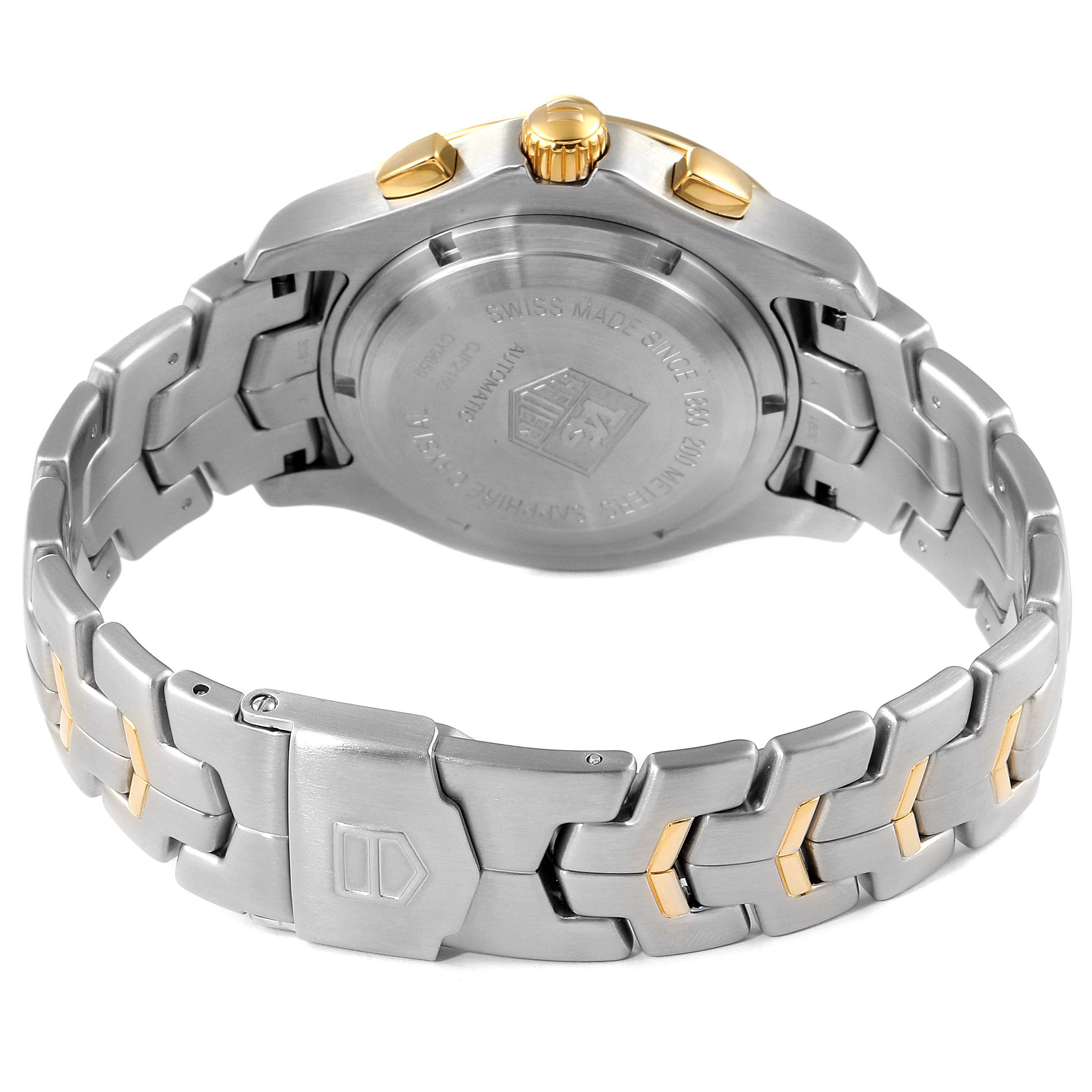 The image shows the stainless steel and gold bracelet, clasp, and case back of the Tag Heuer Link CJF2150.BB0595 Men
s Steel and Gold (two tone) Silver Dial CJF2150.BB0595 Men
s Steel and Gold (two tone) Silver Dial watch model.