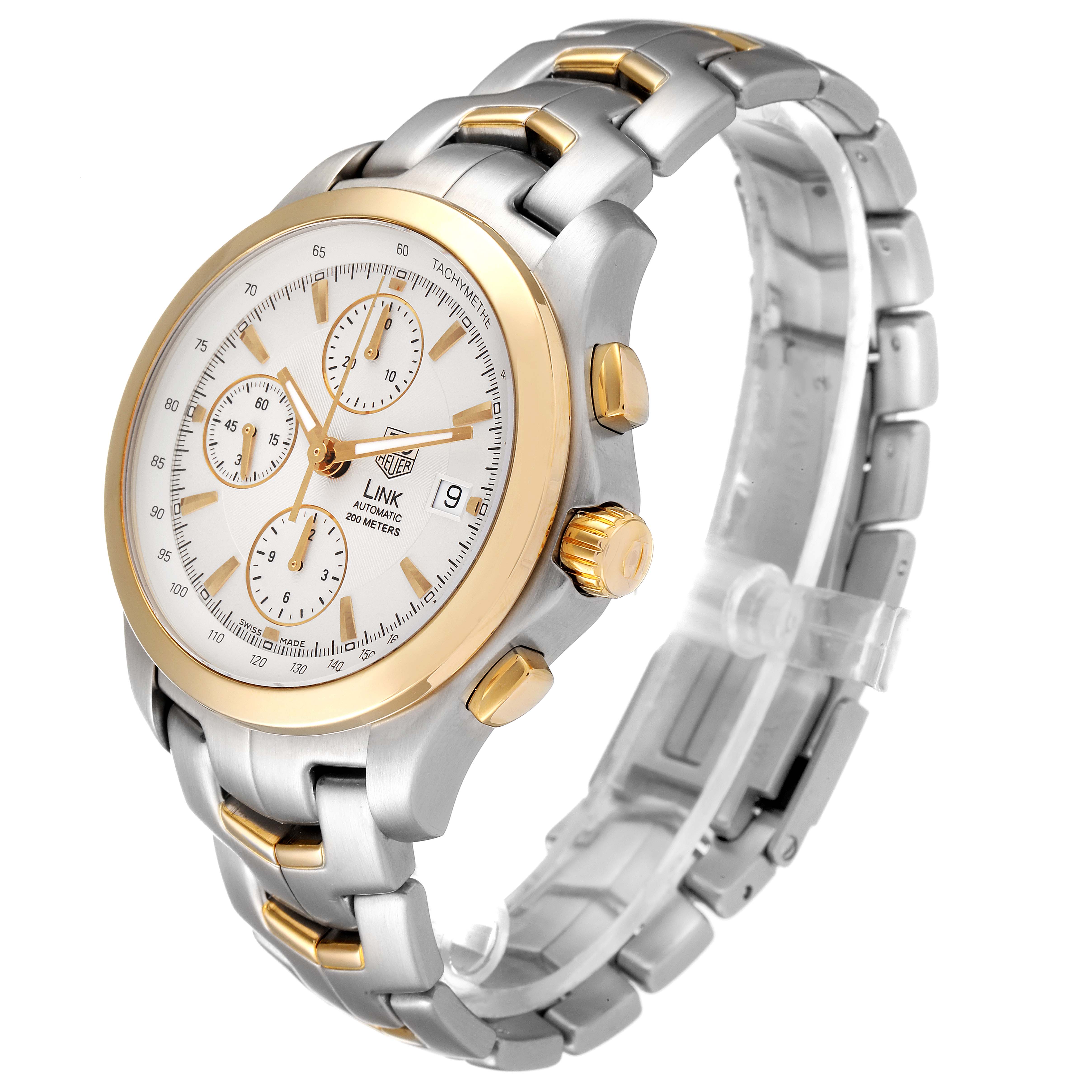 The image shows a Tag Heuer Link CJF2150.BB0595 Men
s Steel and Gold (two tone) Silver Dial CJF2150.BB0595 Men
s Steel and Gold (two tone) Silver Dial watch, angled to display the full face, dial, case, and bracelet.