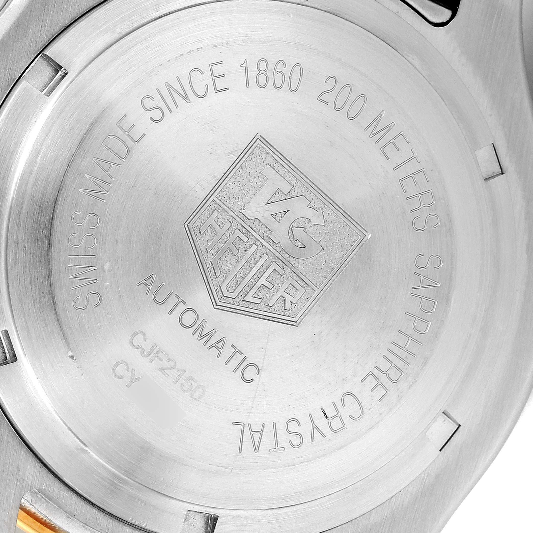 This image shows the back case of a Tag Heuer Link CJF2150.BB0595 Men
s Steel and Gold (two tone) Silver Dial CJF2150.BB0595 Men
s Steel and Gold (two tone) Silver Dial model watch, highlighting its engravings.