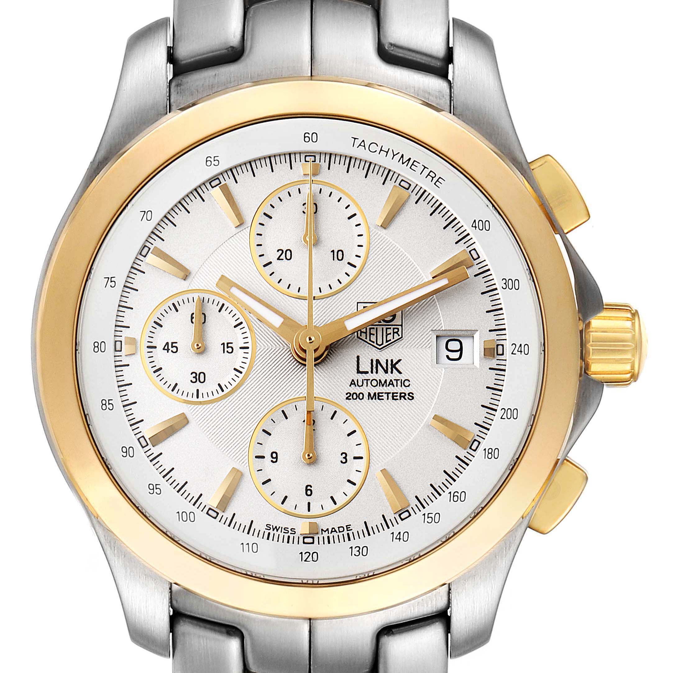 This Tag Heuer Link CJF2150.BB0595 Men
s Steel and Gold (two tone) Silver Dial CJF2150.BB0595 Men
s Steel and Gold (two tone) Silver Dial model watch is shown from a front angle, displaying its dial, subdials, bezel, and bracelet.