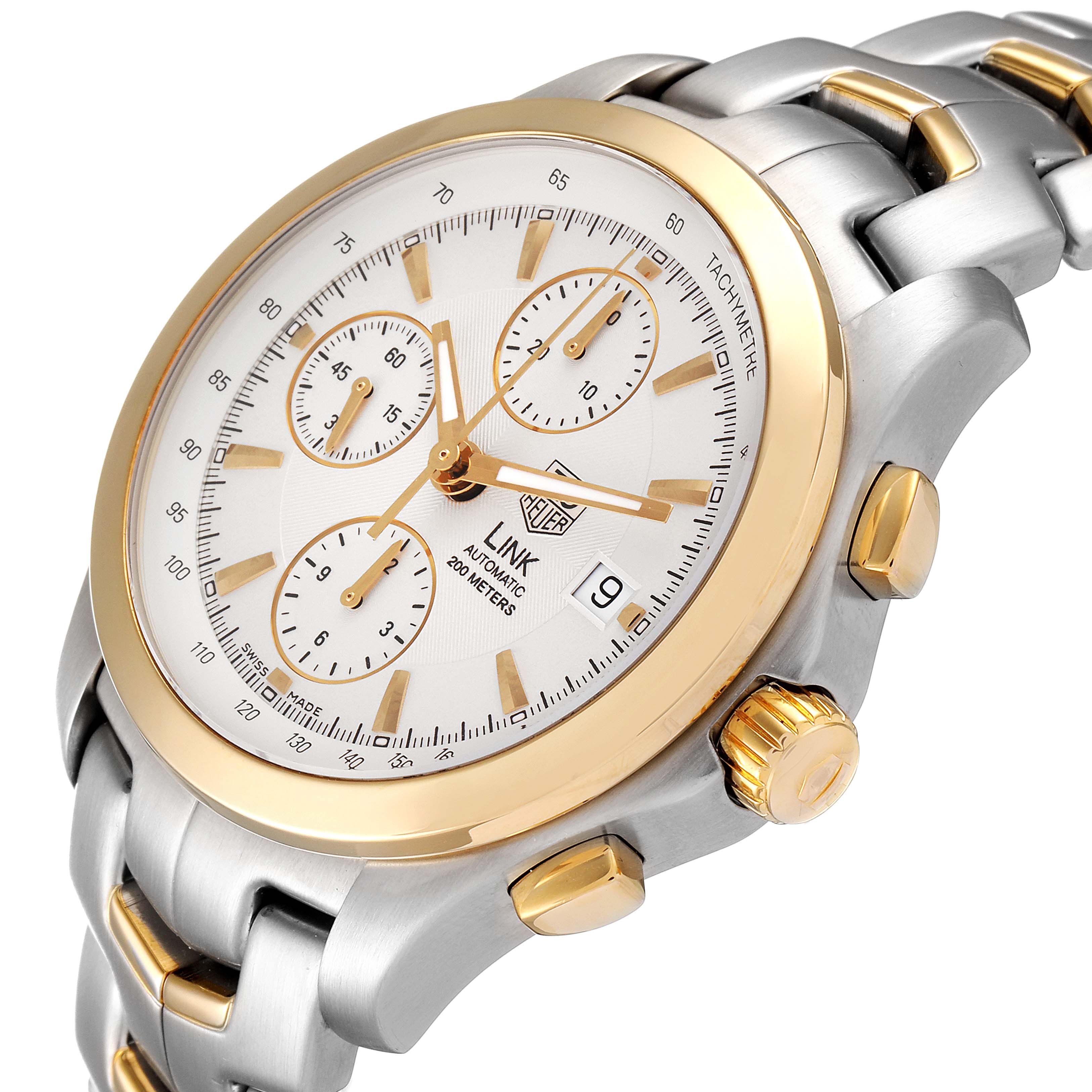 The Tag Heuer Link CJF2150.BB0595 Men
s Steel and Gold (two tone) Silver Dial CJF2150.BB0595 Men
s Steel and Gold (two tone) Silver Dial model watch is shown at an angled close-up, highlighting the dial, crown, and part of the bracelet.