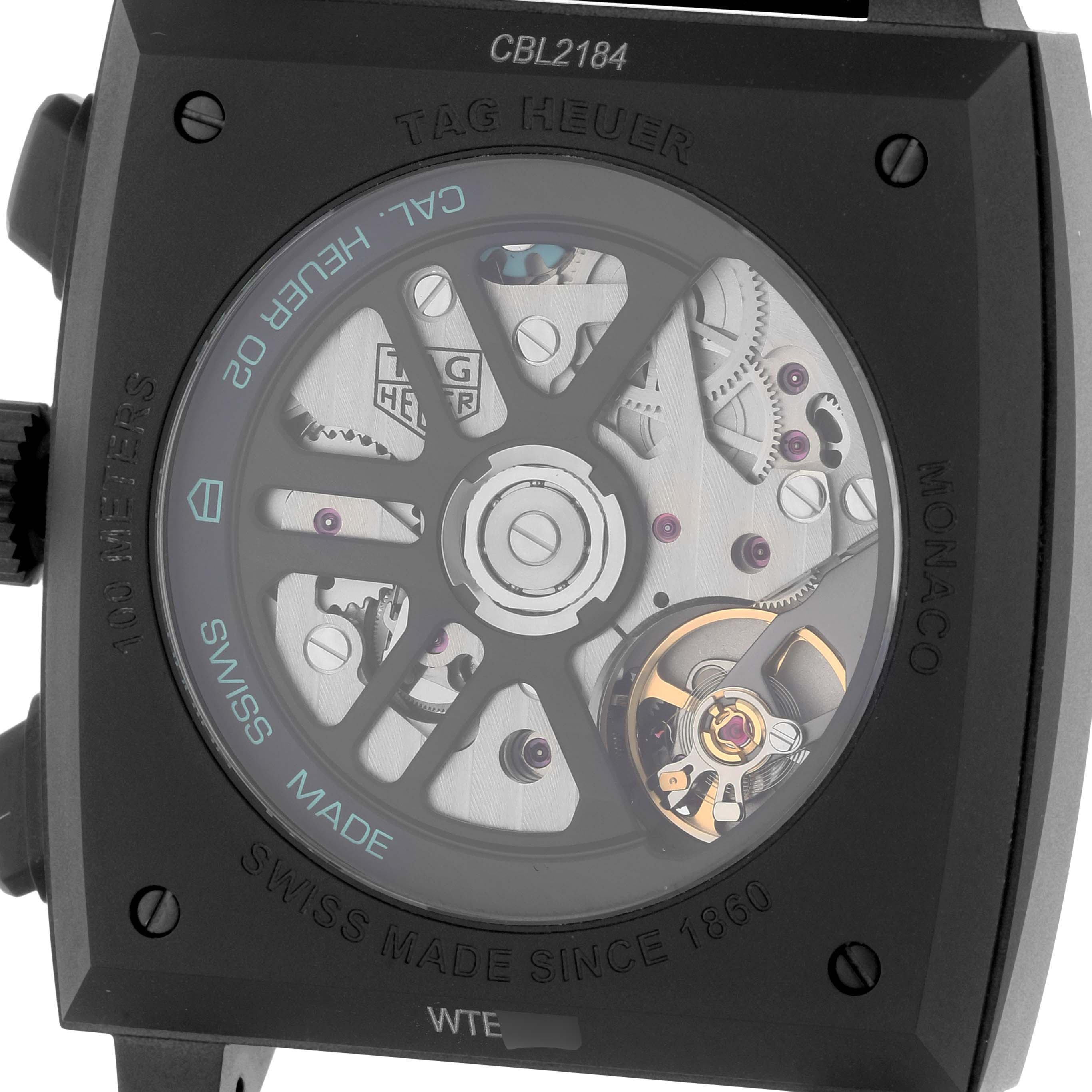 The Tag Heuer Monaco CBL2184.FT6236 Men's Titanium Black Dial CBL2184.FT6236 Men's Titanium Black Dial watch is shown from a rear angle, highlighting its movement and case details.