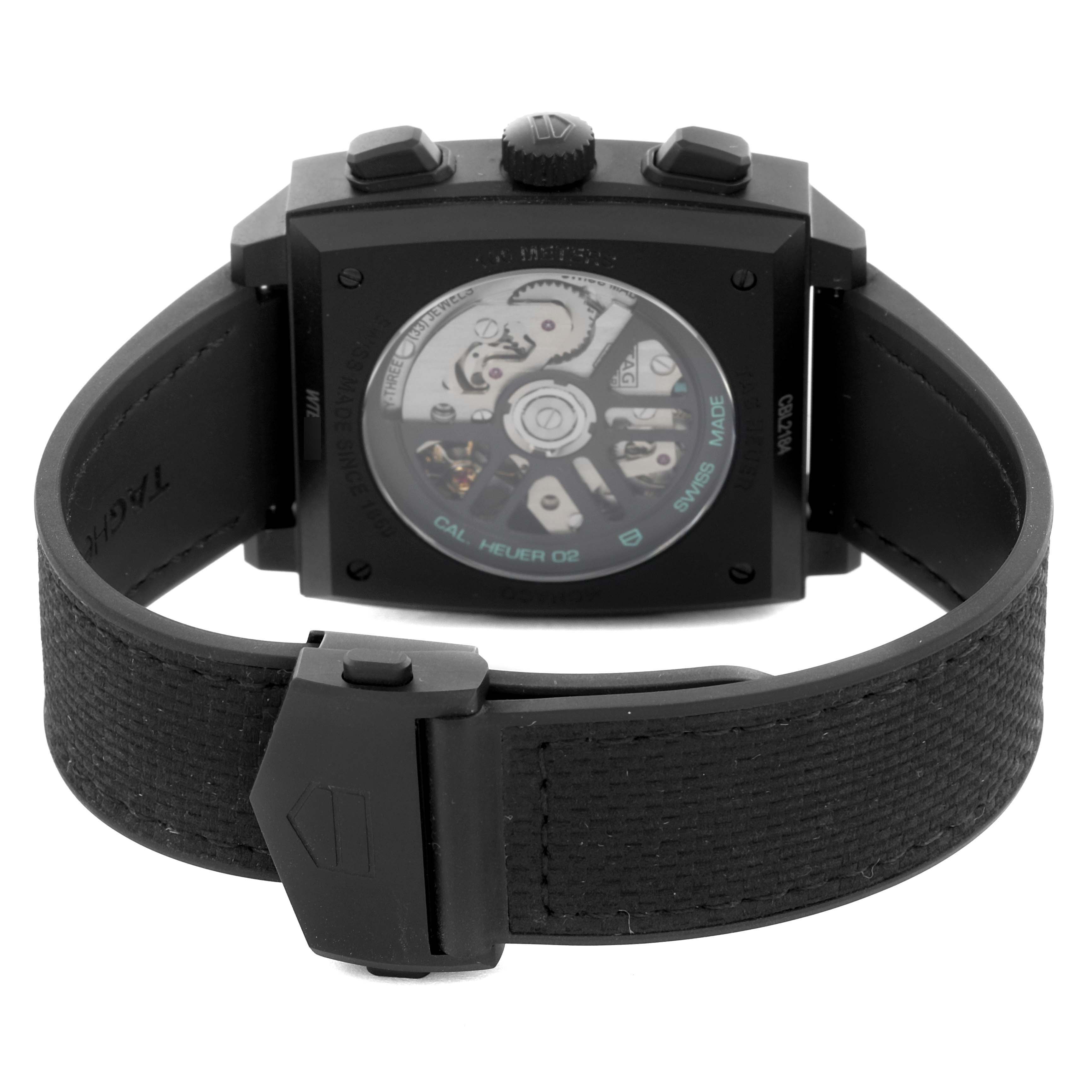 The Tag Heuer Monaco CBL2184.FT6236 Men's Titanium Black Dial CBL2184.FT6236 Men's Titanium Black Dial model is shown from the back, displaying its movement and strap.