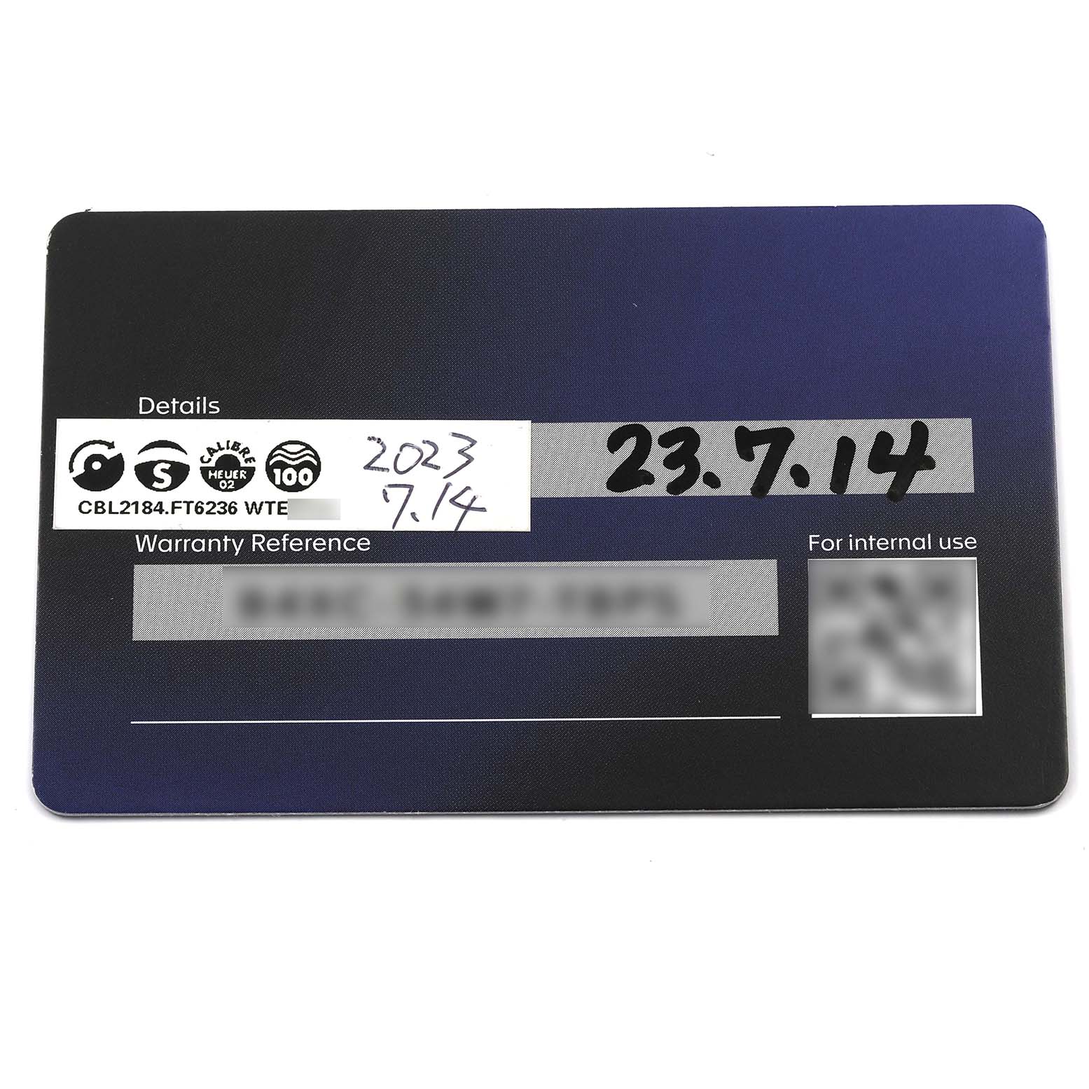 This image shows a warranty card for the Tag Heuer Monaco CBL2184.FT6236 Men's Titanium Black Dial CBL2184.FT6236 Men's Titanium Black Dial watch model.