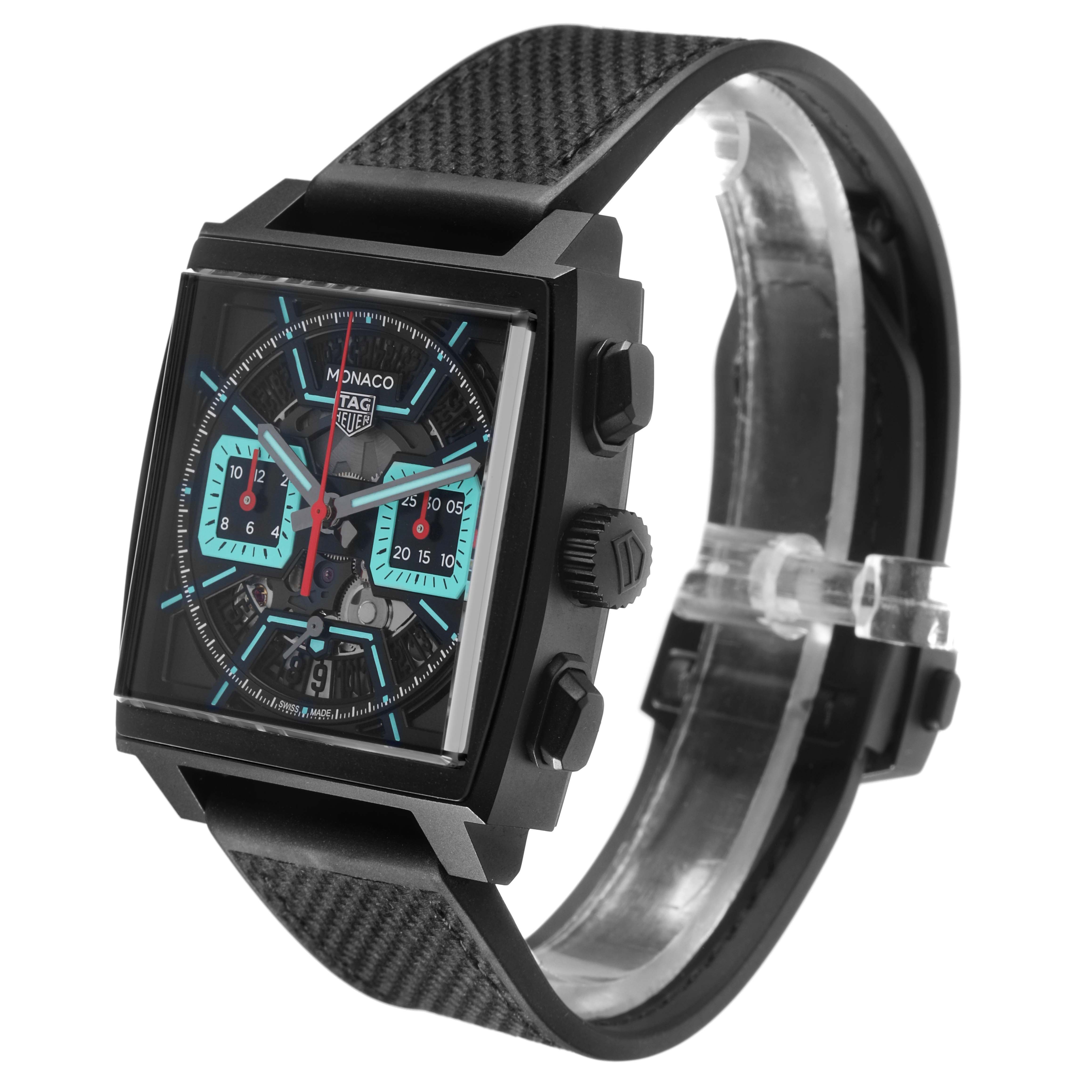 The Tag Heuer Monaco CBL2184.FT6236 Men's Titanium Black Dial watch is shown at a slight angle, displaying the face, side buttons, and band.