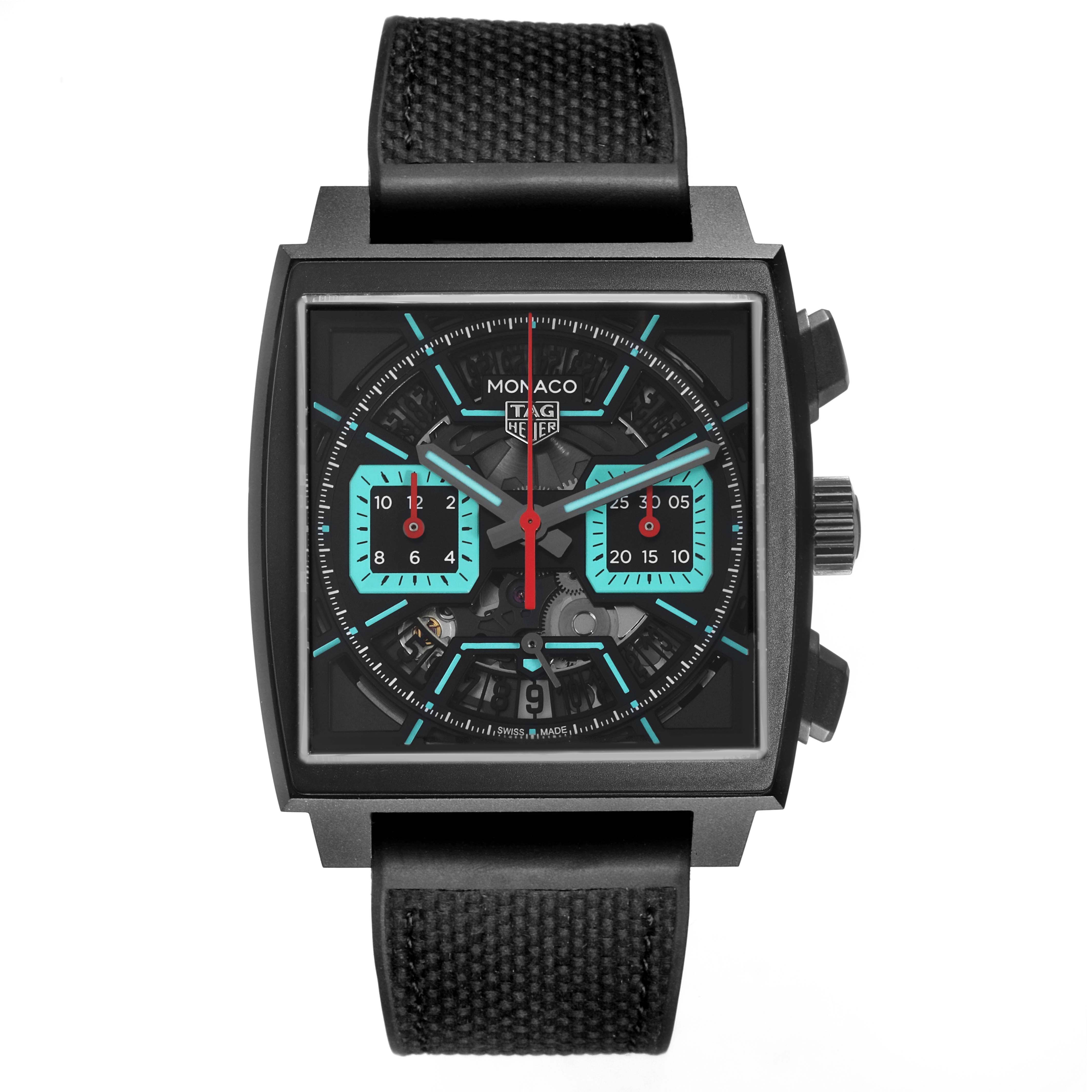 The Tag Heuer Monaco CBL2184.FT6236 Men's Titanium Black Dial watch is shown from a front angle, displaying its face, strap, and side pushers.