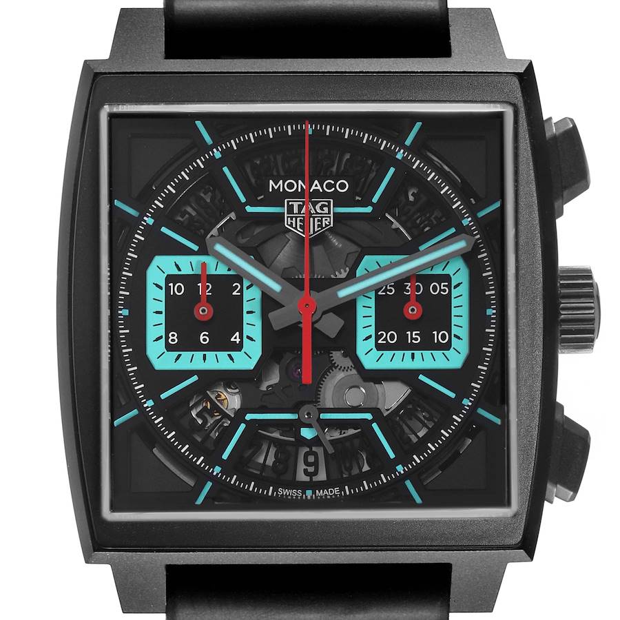 The Tag Heuer Monaco CBL2184.FT6236 Men's Titanium Black Dial watch is shown from the front, highlighting its dial, two sub-dials, and crown.