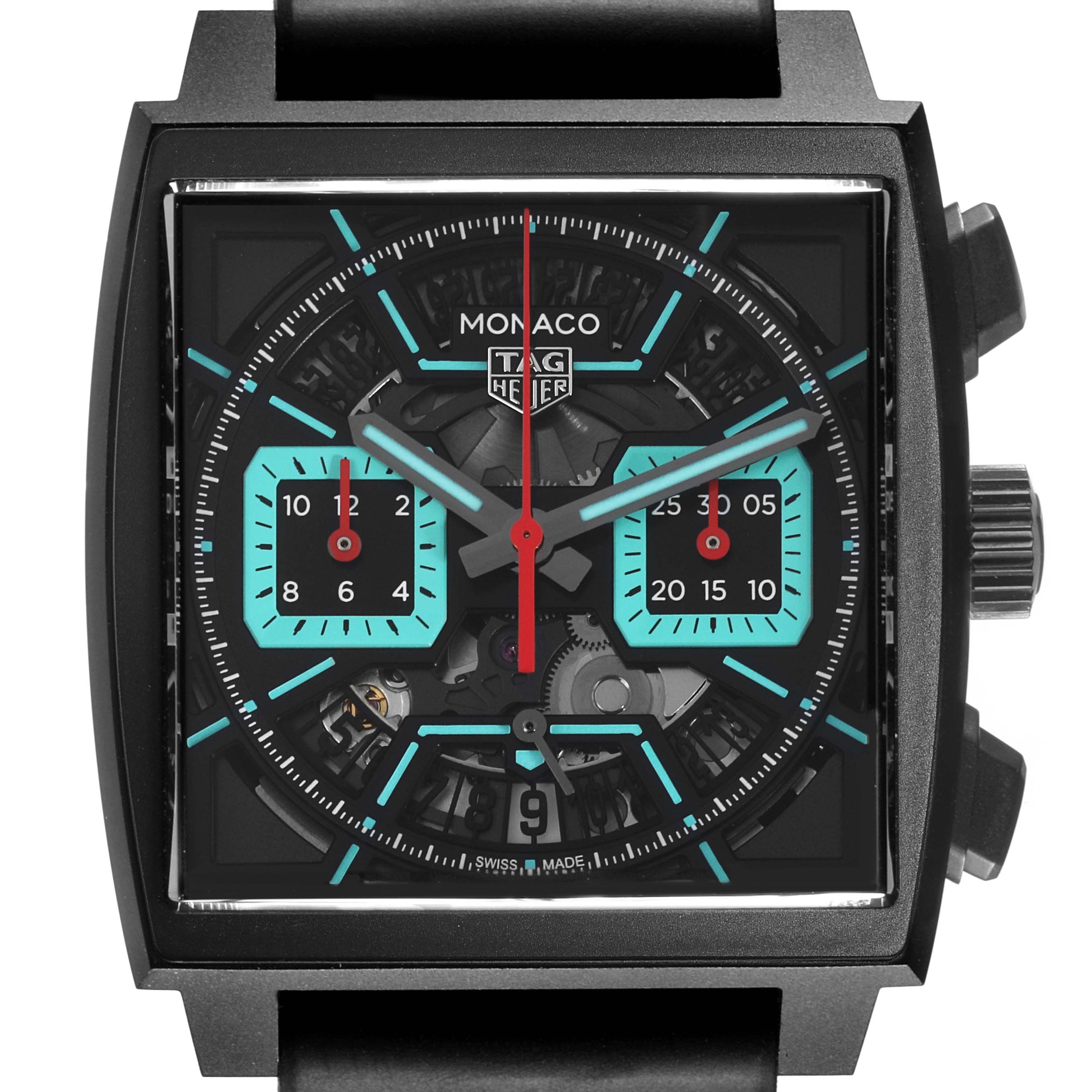 The Tag Heuer Monaco CBL2184.FT6236 Men's Titanium Black Dial CBL2184.FT6236 Men's Titanium Black Dial watch is shown from a front angle, displaying the dial, sub-dials, and side crown.