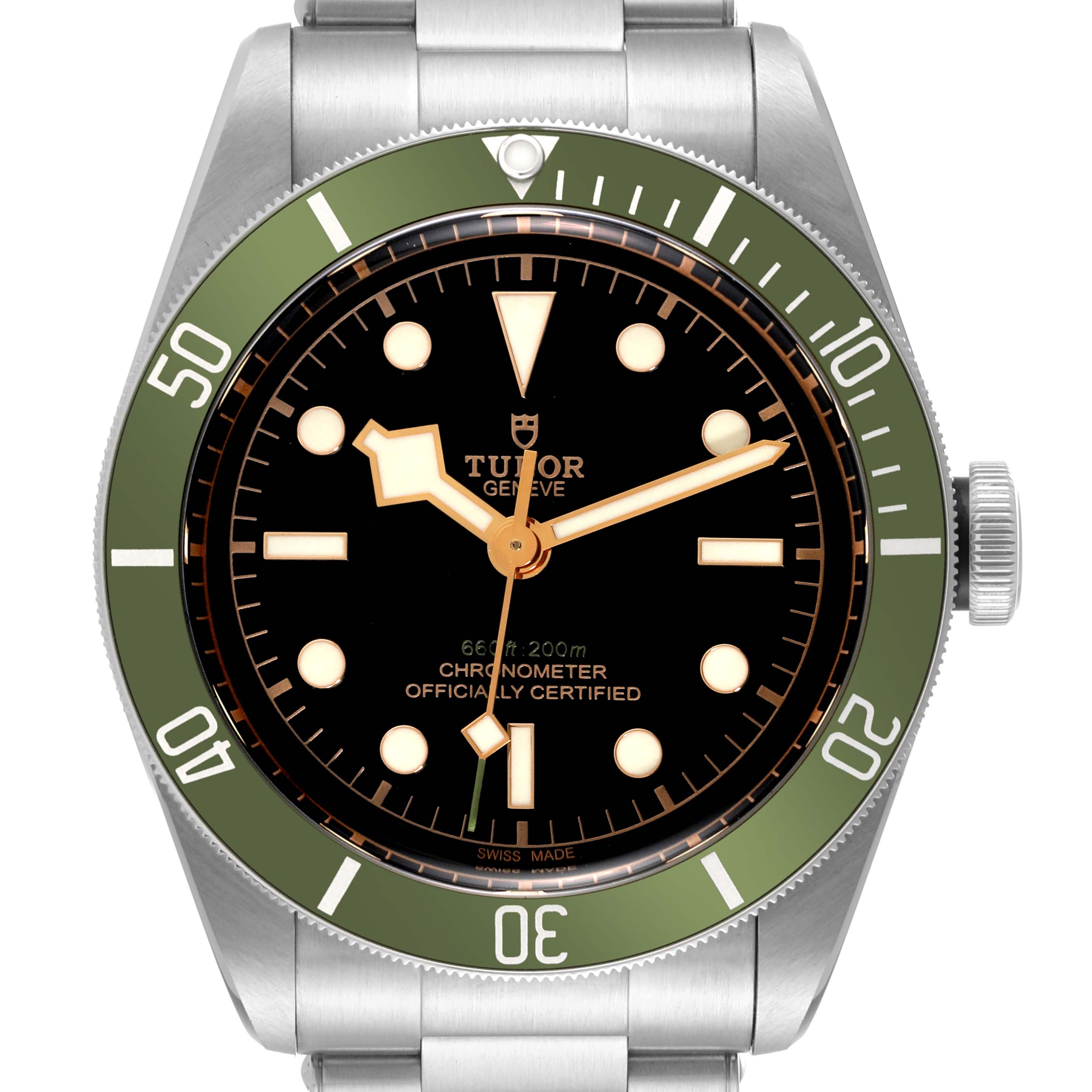 The image shows a front-facing view of the Tudor Heritage Black Bay 79230G Men
s Stainless Steel Black Dial 79230G Men
s Stainless Steel Black Dial watch, including its dial, bezel, and part of the bracelet.