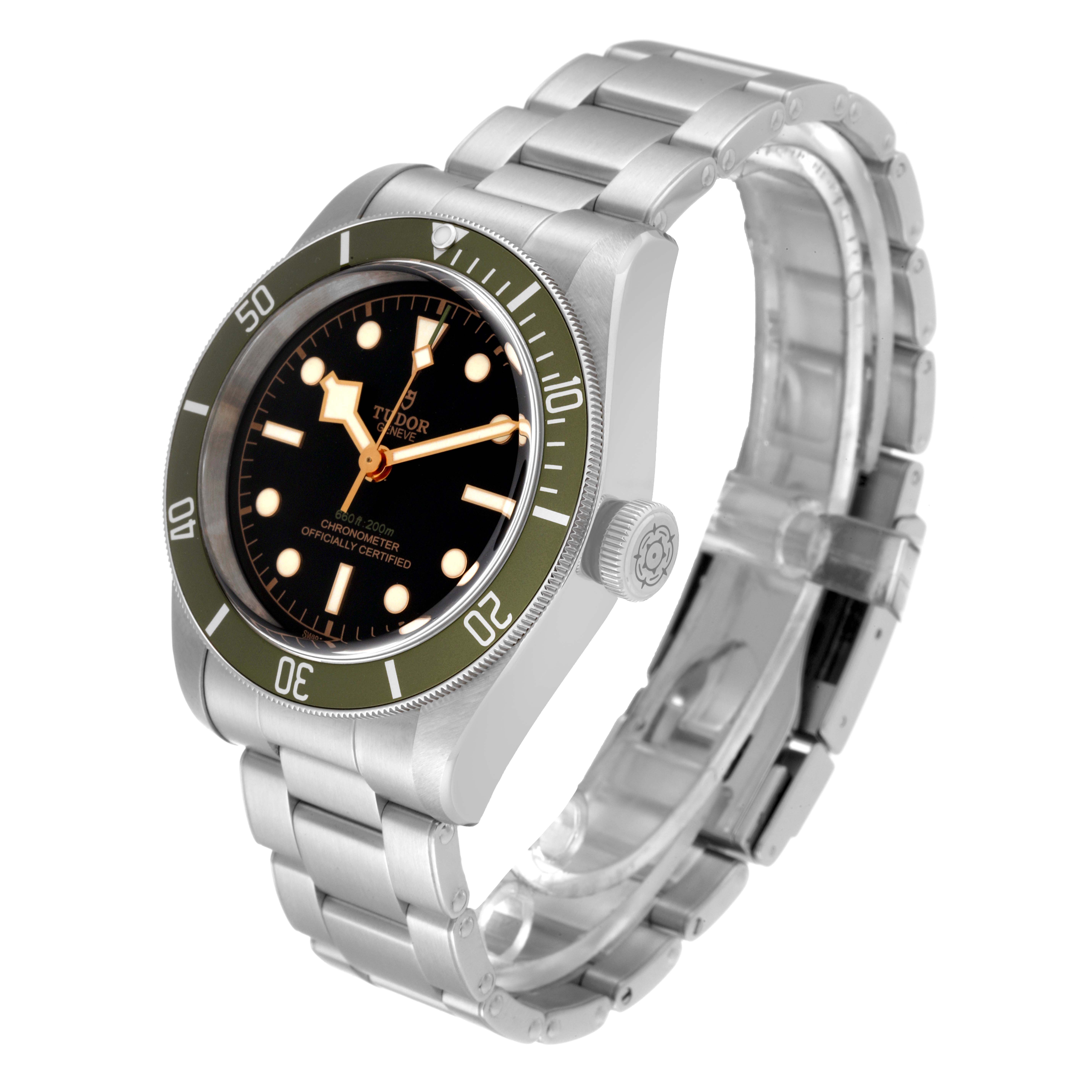 This image shows a Tudor Heritage Black Bay 79230G Men
s Stainless Steel Black Dial 79230G Men
s Stainless Steel Black Dial watch at a slight side angle, highlighting the dial, bezel, crown, and bracelet.