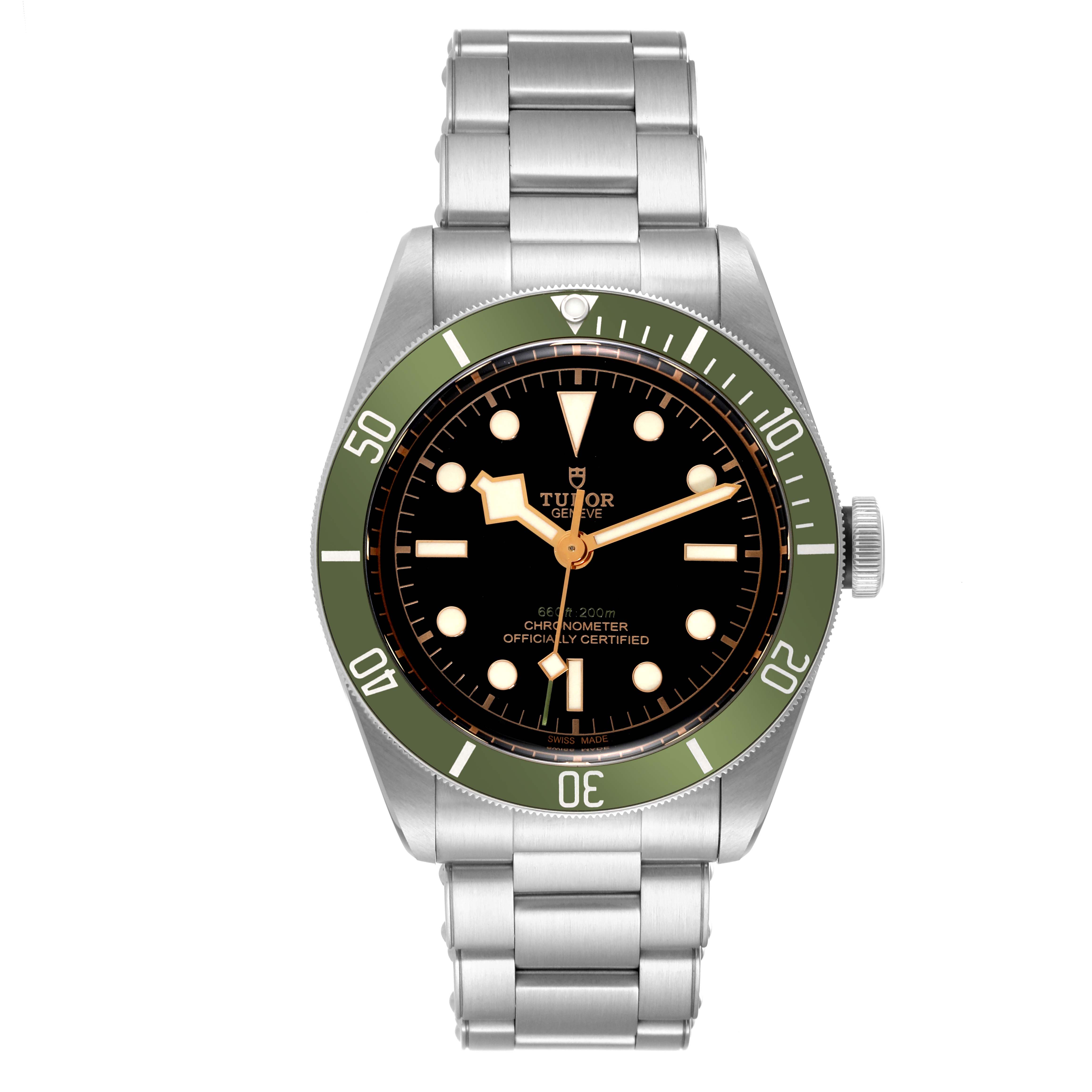 The image shows a front view of the Tudor Heritage Black Bay 79230G Men
s Stainless Steel Black Dial 79230G Men
s Stainless Steel Black Dial watch, highlighting its dial, bezel, hands, and metal bracelet.