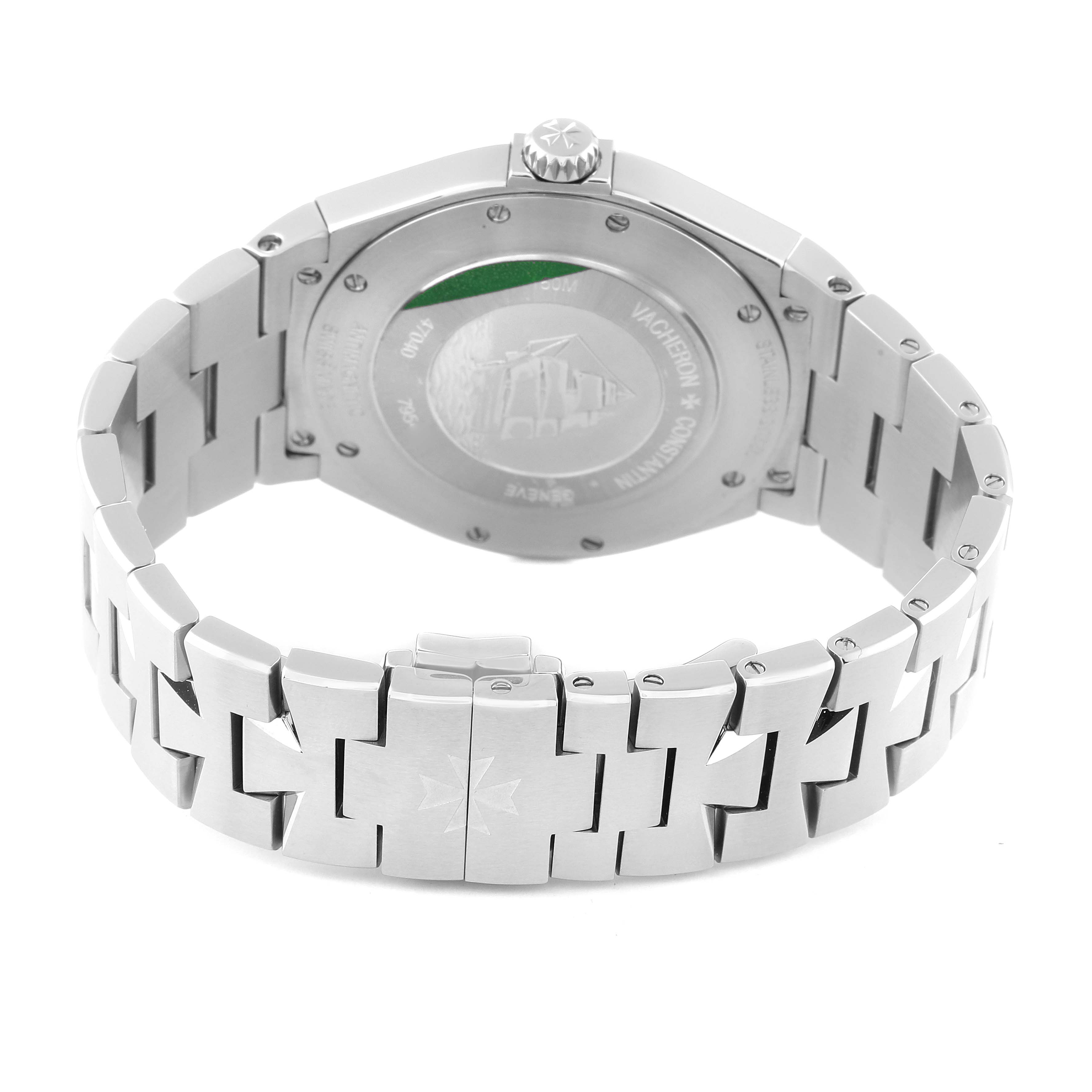 This image shows the back case and bracelet of the Overseas model by Vacheron Constantin, viewed from a rear angle.