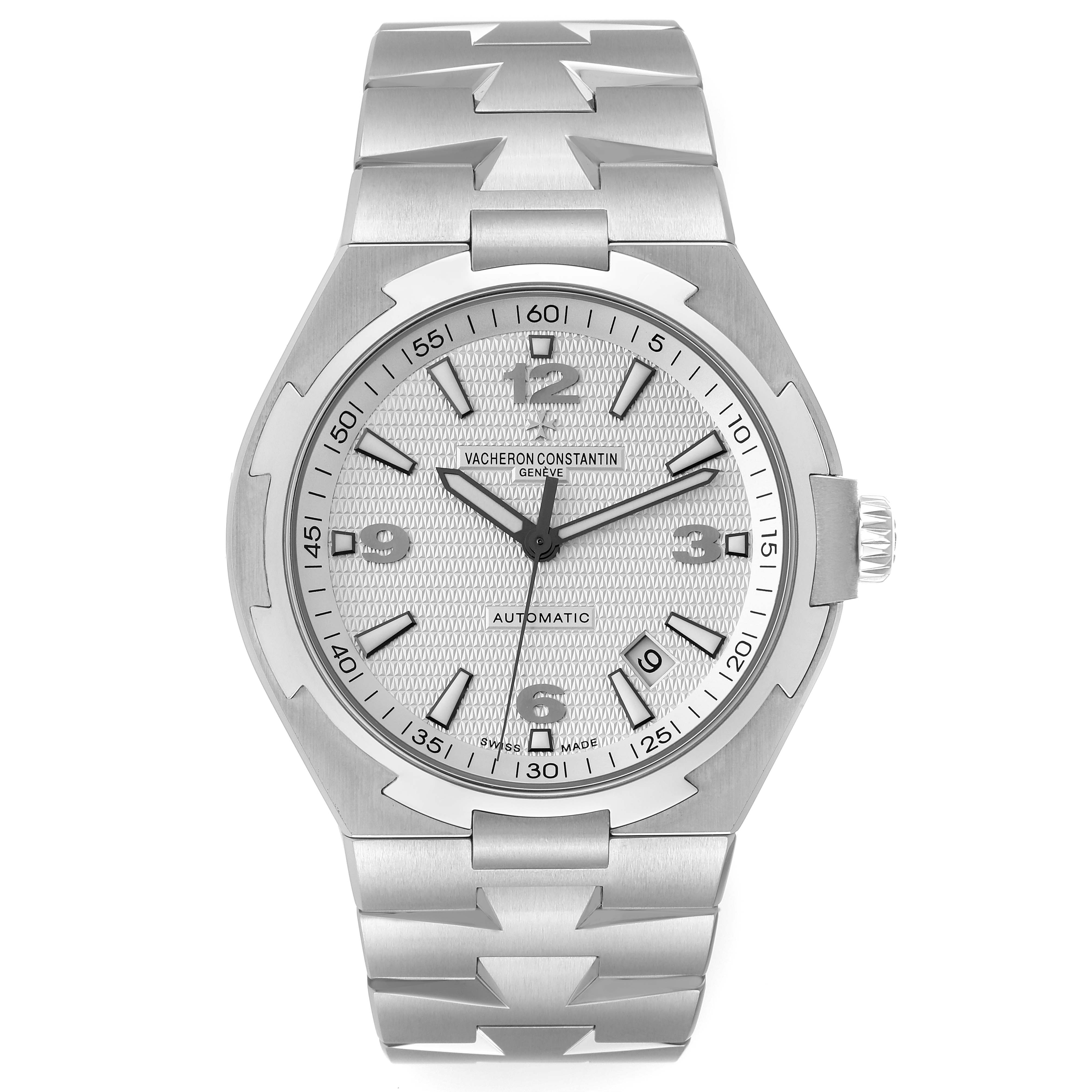 The image shows a front view of the Vacheron Constantin Overseas 47040/B01A-9093 Men's Stainless Steel Silver Dial 47040/B01A-9093 Men's Stainless Steel Silver Dial model watch, displaying the face and bracelet clearly.
