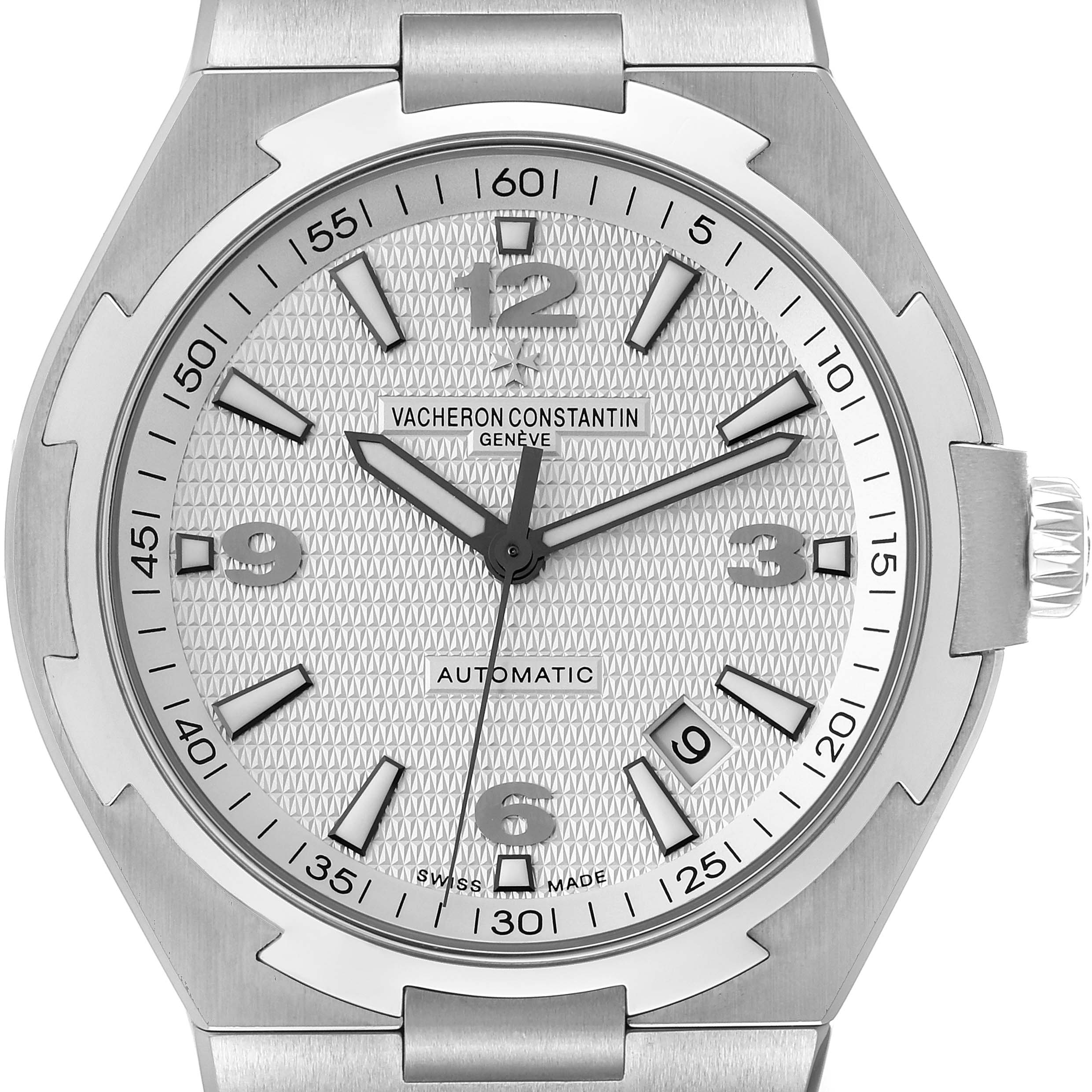 The image shows a close-up of the dial and bezel of the Vacheron Constantin Overseas 47040/B01A-9093 Men's Stainless Steel Silver Dial 47040/B01A-9093 Men's Stainless Steel Silver Dial model watch.