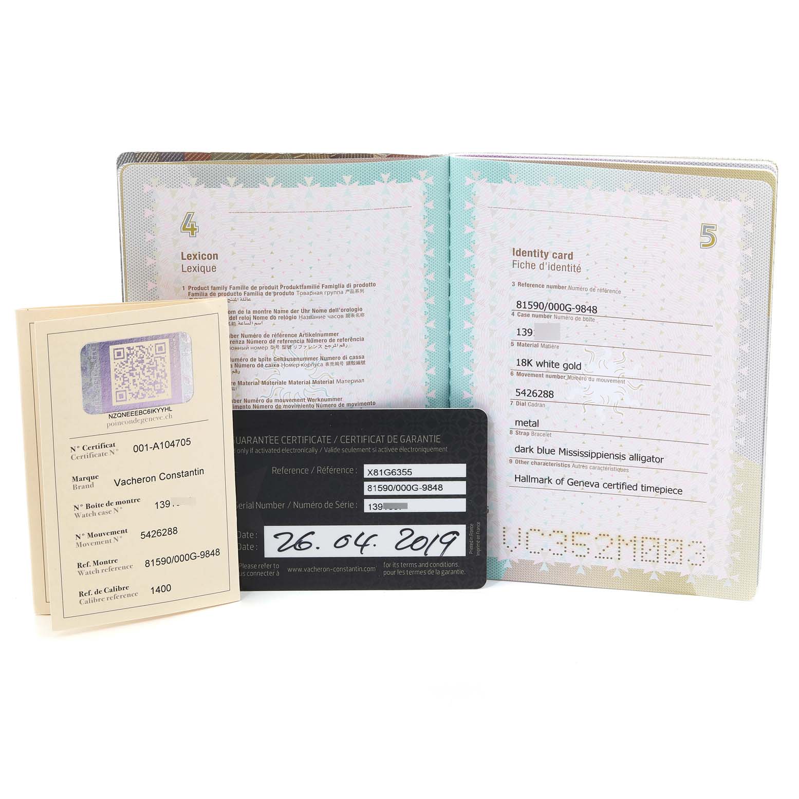 The image shows the warranty certificate, identity card, and other documentation for a Vacheron Constantin Traditionnelle 81590/000G-9848 Women's White Gold Silver Dial 81590/000G-9848 Women's White Gold Silver Dial watch.