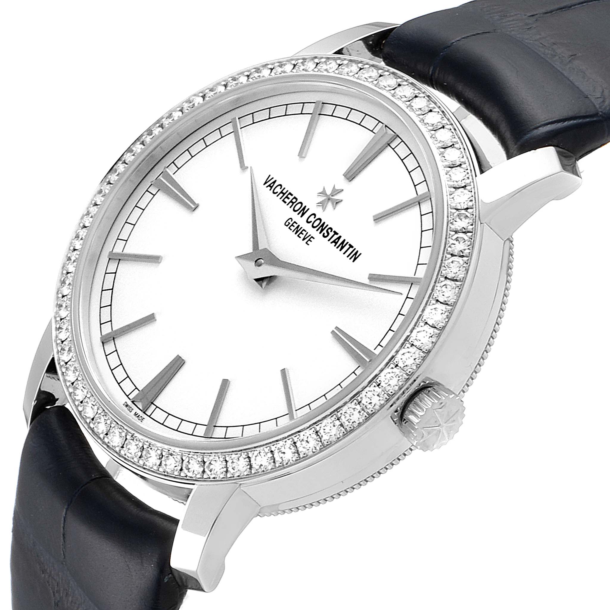 The image shows the Vacheron Constantin Traditionnelle 81590/000G-9848 Women's White Gold Silver Dial 81590/000G-9848 Women's White Gold Silver Dial model watch from an angled top view, highlighting its face, bezel, and strap.
