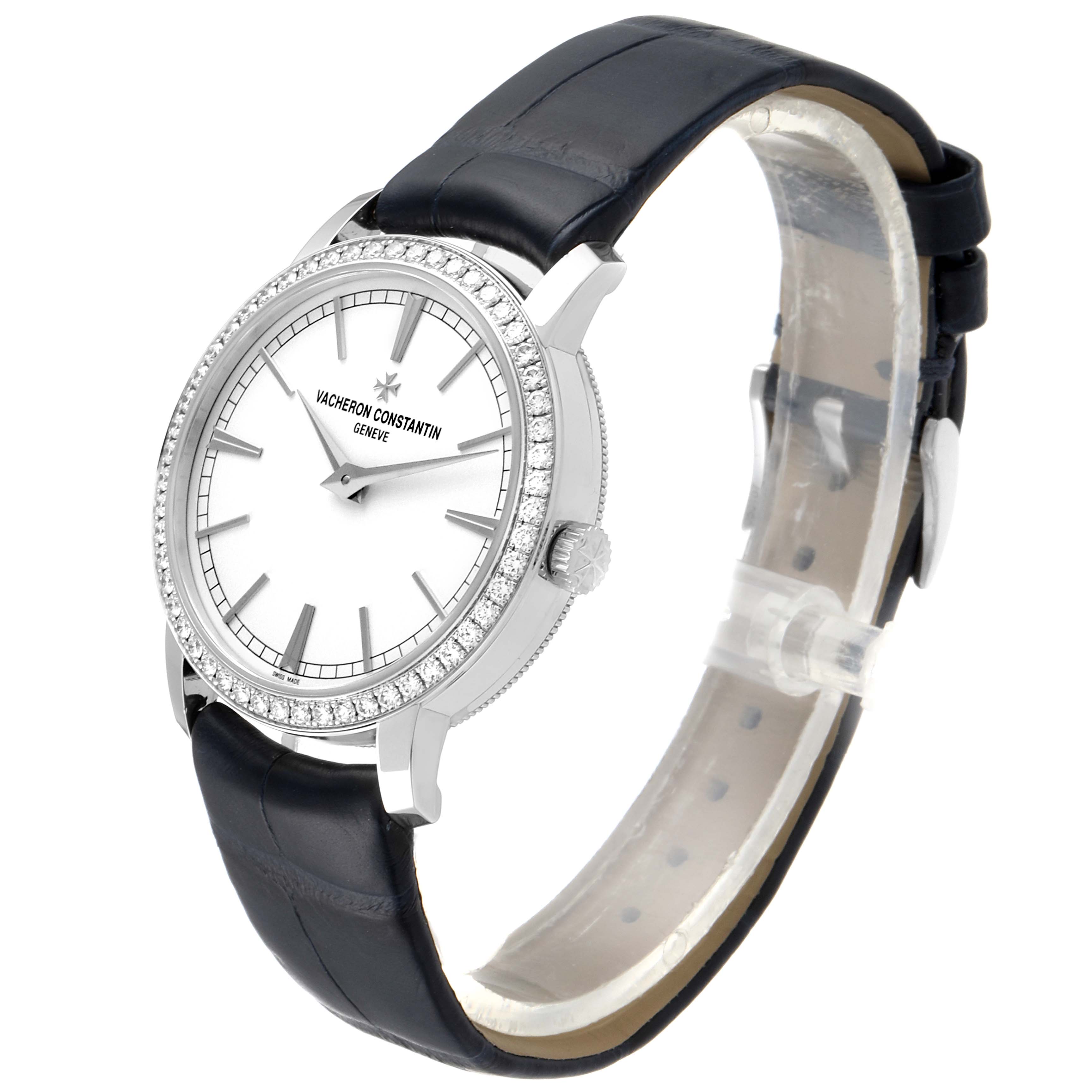 The Vacheron Constantin Traditionnelle 81590/000G-9848 Women's White Gold Silver Dial 81590/000G-9848 Women's White Gold Silver Dial model watch is shown at a slightly tilted side angle, displaying the face, bezel, and strap.