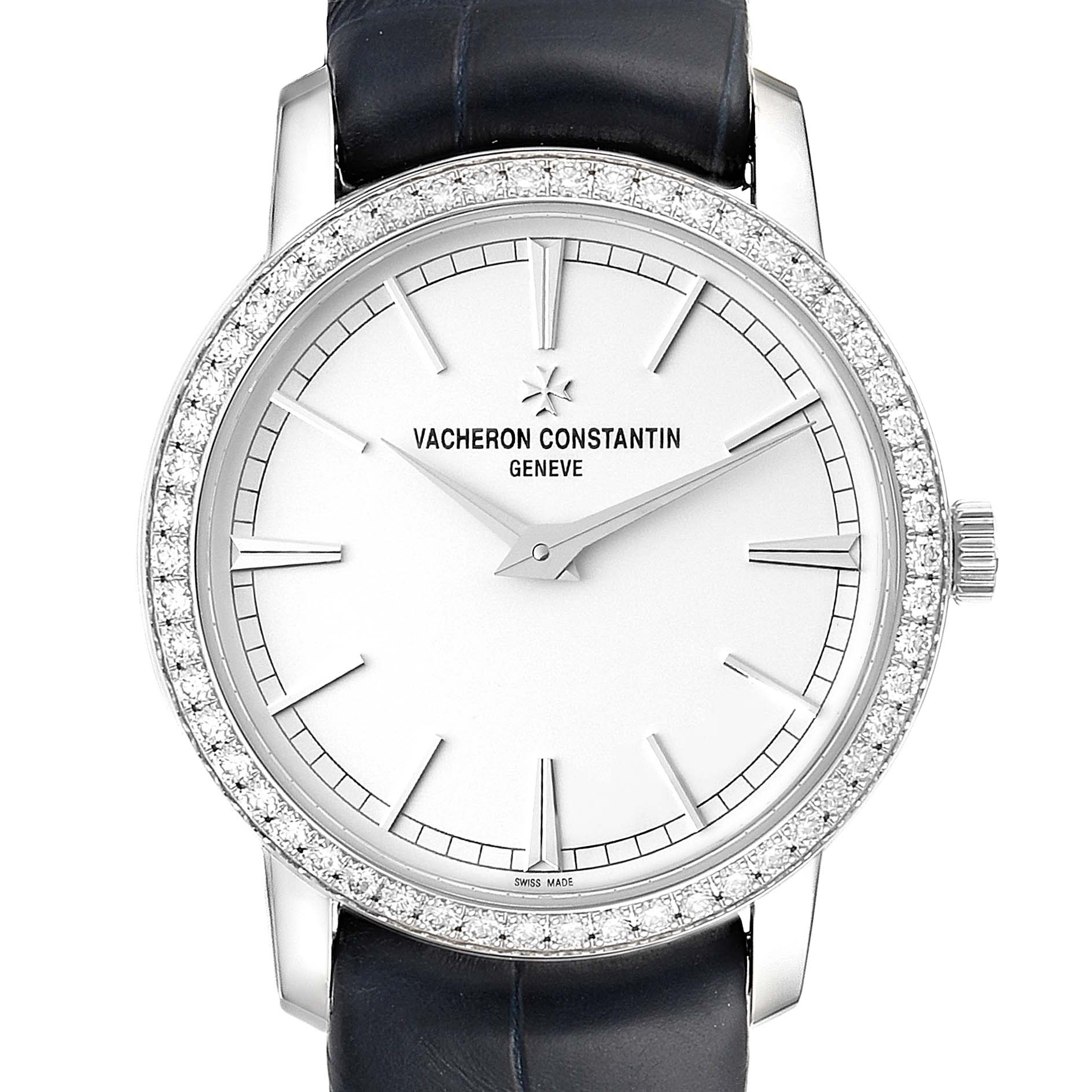 This image shows a front view of the dial, bezel, and part of the strap of a Vacheron Constantin Traditionnelle 81590/000G-9848 Women's White Gold Silver Dial 81590/000G-9848 Women's White Gold Silver Dial watch.