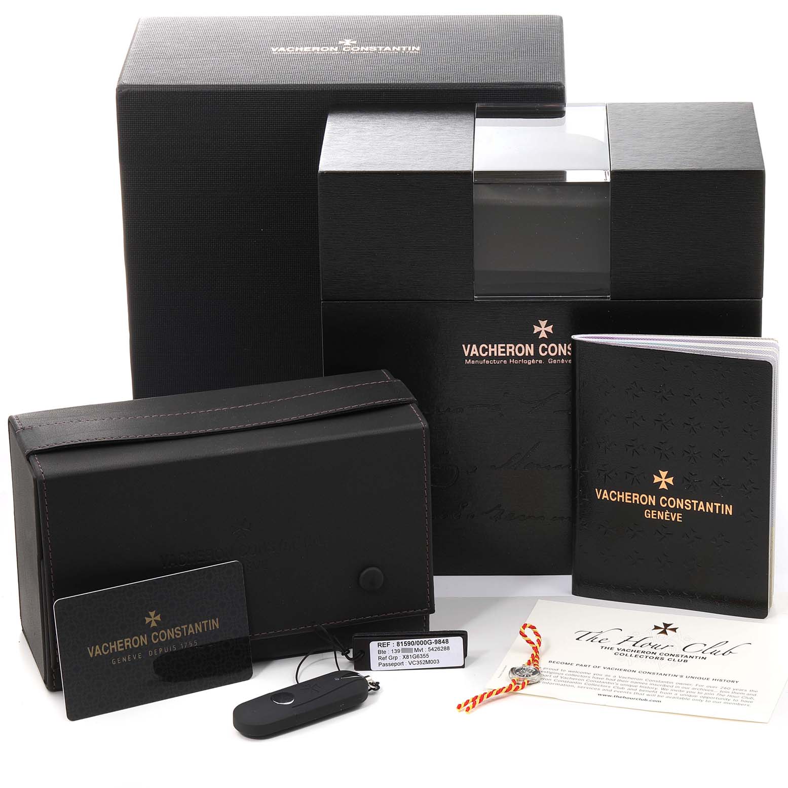The image shows the packaging, certificate, and accessories for the Vacheron Constantin Traditionnelle 81590/000G-9848 Women's White Gold Silver Dial 81590/000G-9848 Women's White Gold Silver Dial watch.