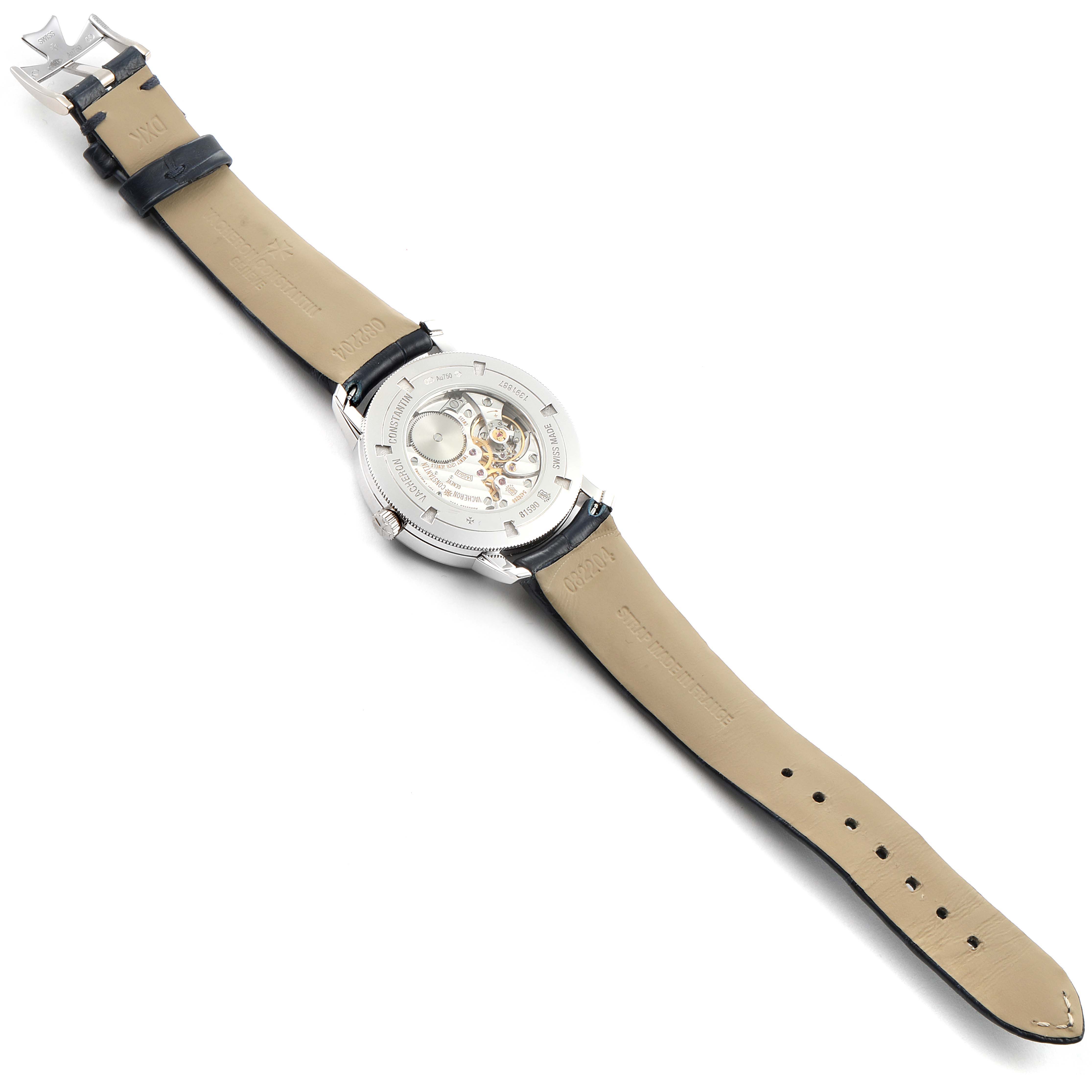 The image showcases the back view of a Vacheron Constantin Traditionnelle 81590/000G-9848 Women's White Gold Silver Dial 81590/000G-9848 Women's White Gold Silver Dial watch, highlighting the strap and inner mechanics.