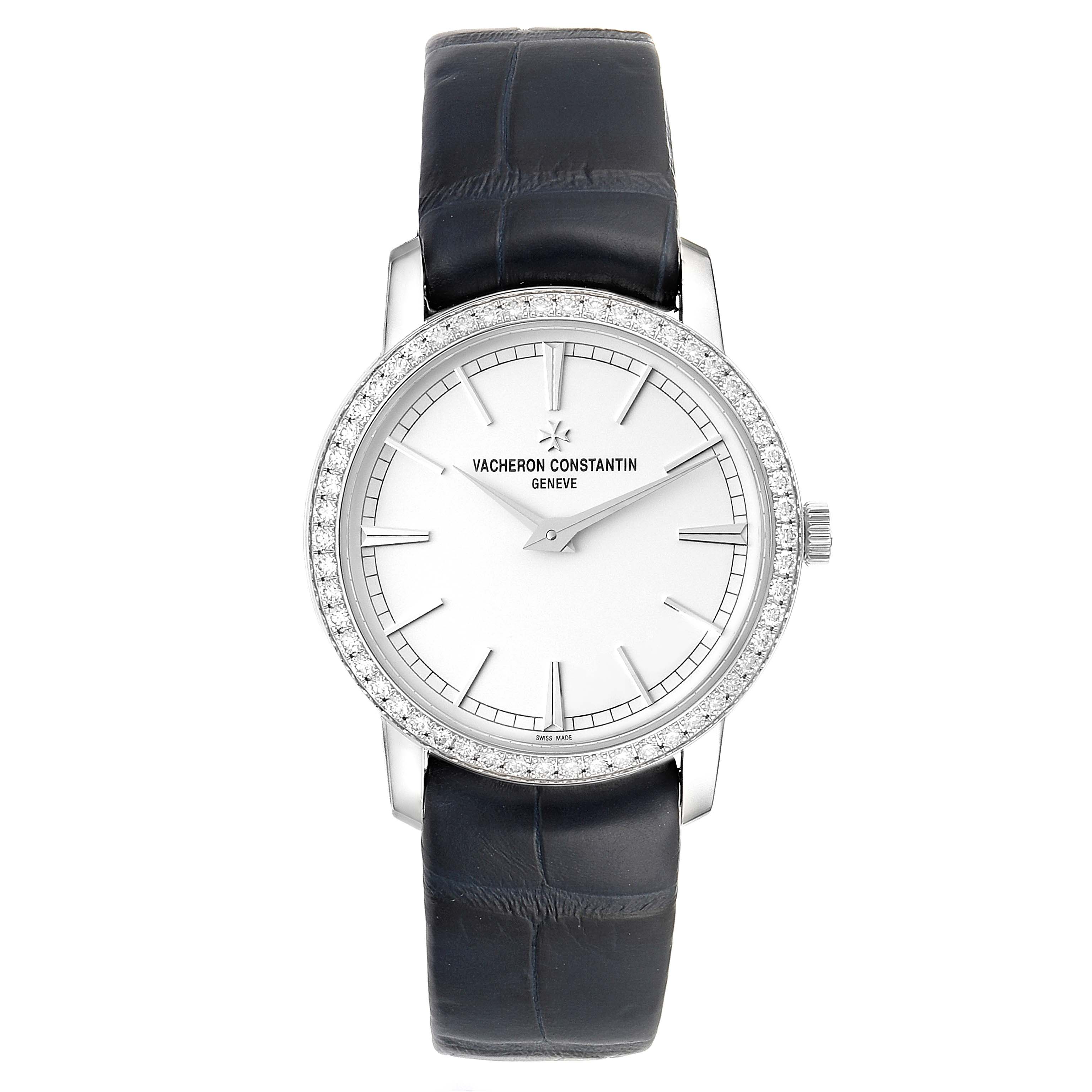 The image shows a front view of the Vacheron Constantin Traditionnelle 81590/000G-9848 Women's White Gold Silver Dial 81590/000G-9848 Women's White Gold Silver Dial watch with a leather strap and a diamond-studded bezel.