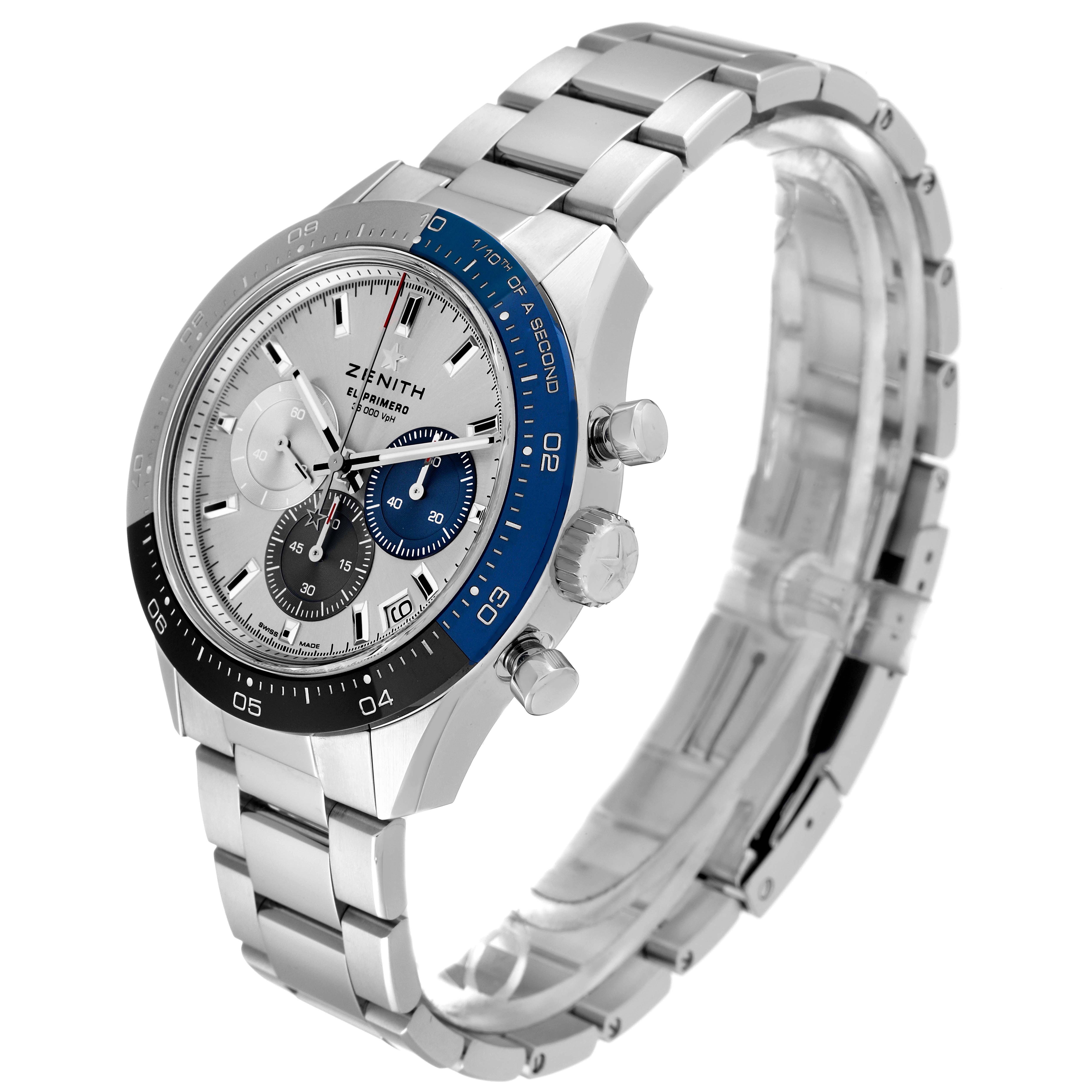 The image shows a Zenith Chronomaster 03.3103.3600/69.M3100 Men's Stainless Steel Silver Dial 03.3103.3600/69.M3100 Men's Stainless Steel Silver Dial watch at an oblique angle highlighting its face, bezel, crown, and metal bracelet.
