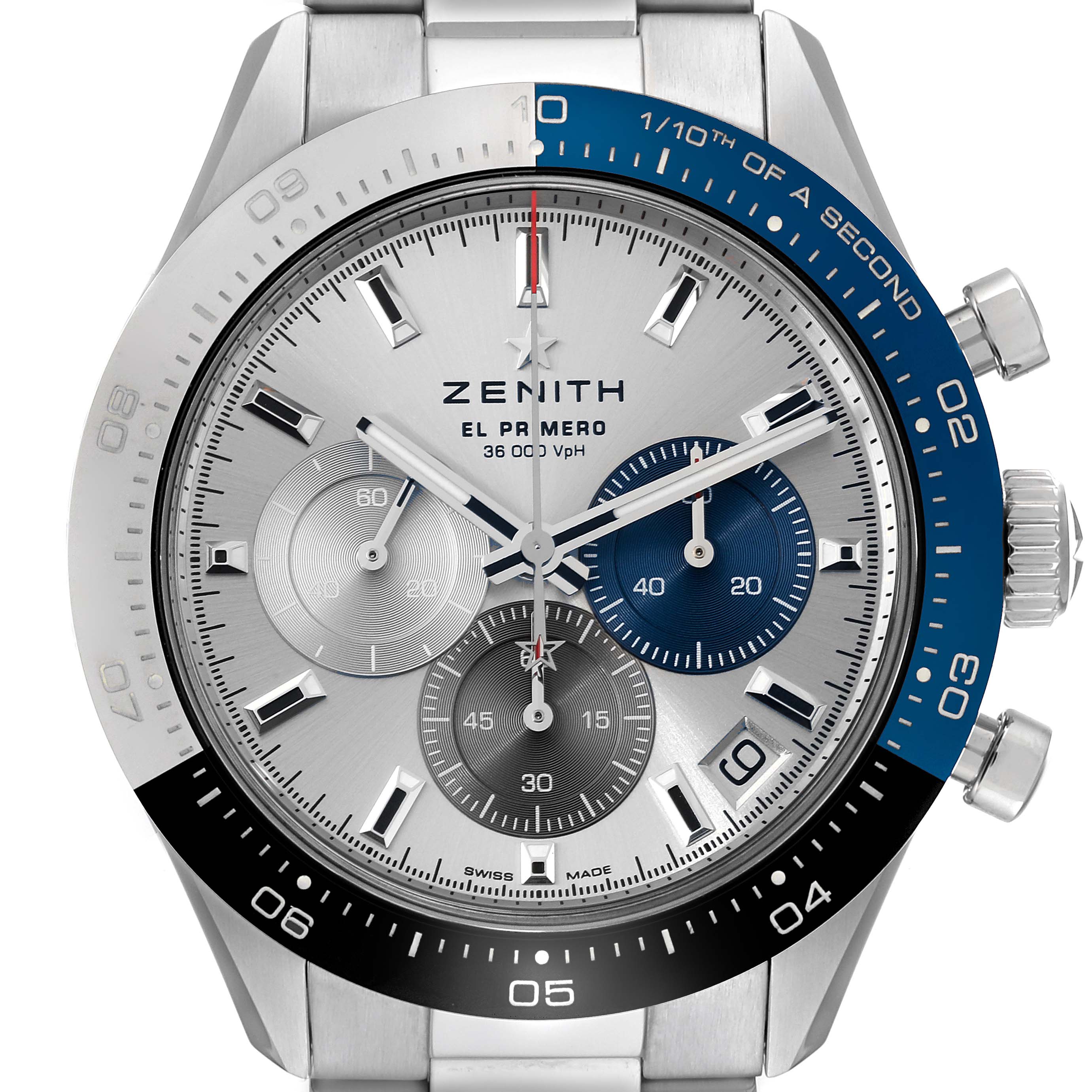This image shows a close-up front view of a Zenith Chronomaster 03.3103.3600/69.M3100 Men's Stainless Steel Silver Dial 03.3103.3600/69.M3100 Men's Stainless Steel Silver Dial watch, highlighting its dial, subdials, and bezel.