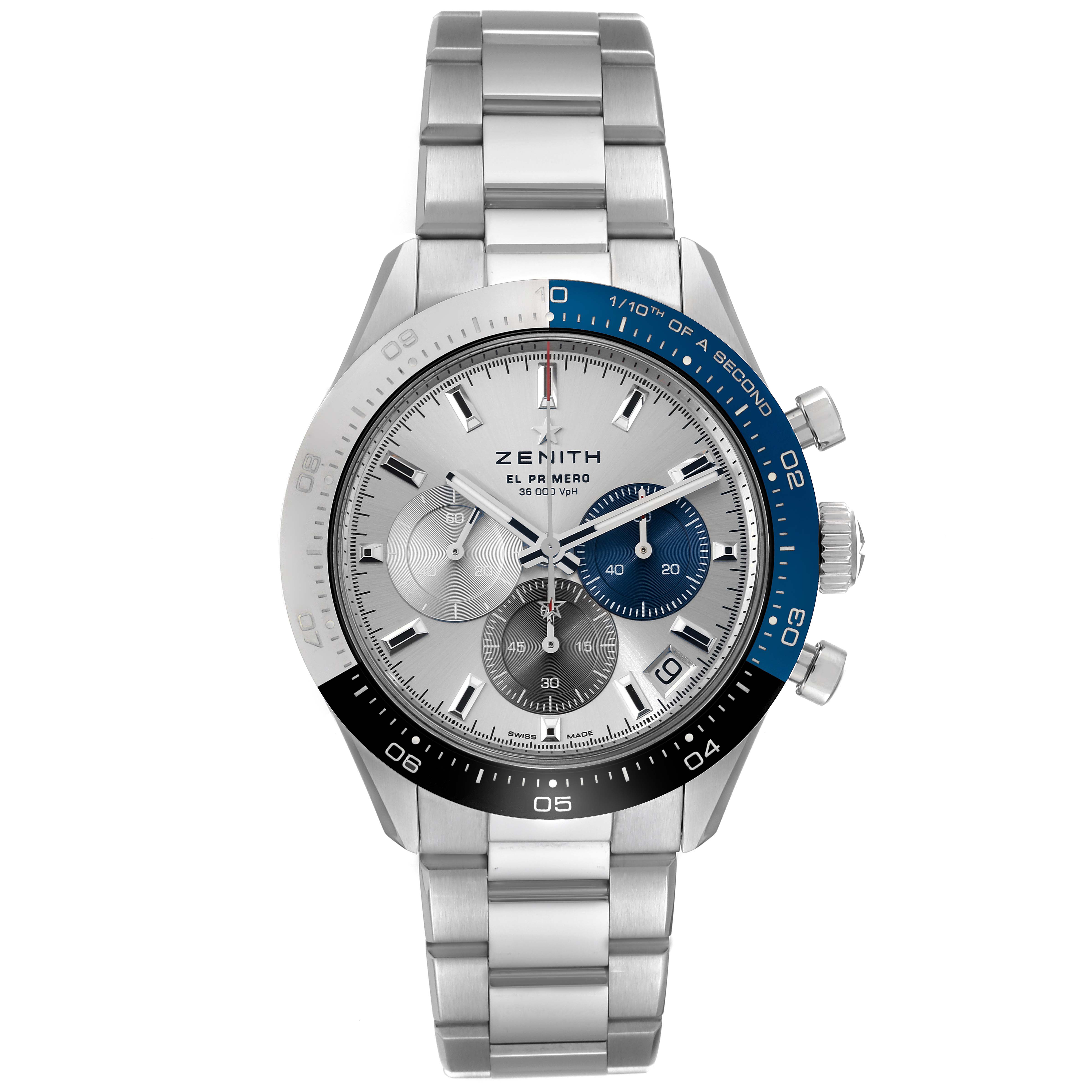 The Zenith Chronomaster 03.3103.3600/69.M3100 Men's Stainless Steel Silver Dial 03.3103.3600/69.M3100 Men's Stainless Steel Silver Dial watch is shown from the front, displaying the dial, bezel, and bracelet.