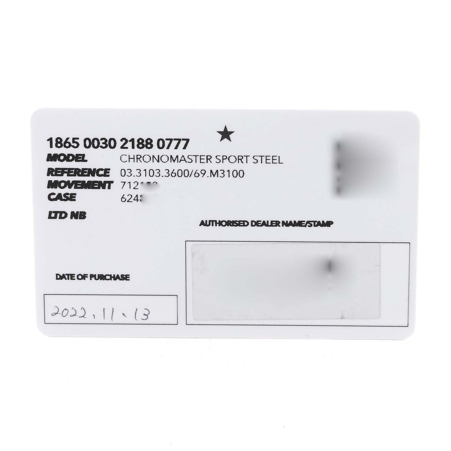 The image shows a warranty card for the Zenith Chronomaster 03.3103.3600/69.M3100 Men's Stainless Steel Silver Dial 03.3103.3600/69.M3100 Men's Stainless Steel Silver Dial Sport Steel watch, listing model details and purchase date.