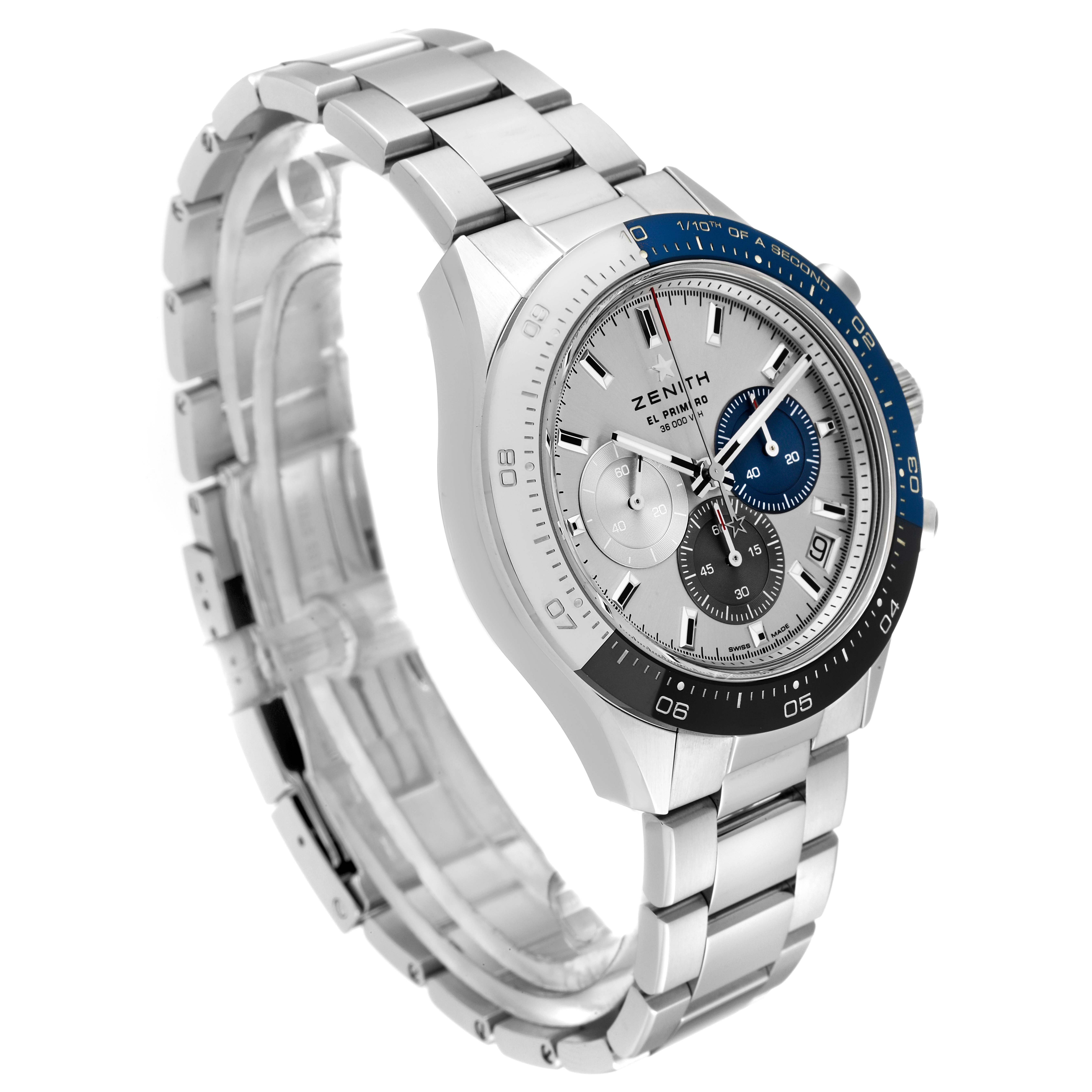 The Zenith Chronomaster 03.3103.3600/69.M3100 Men's Stainless Steel Silver Dial 03.3103.3600/69.M3100 Men's Stainless Steel Silver Dial watch is shown at an angled view, showcasing its silver bracelet and face with sub-dials.
