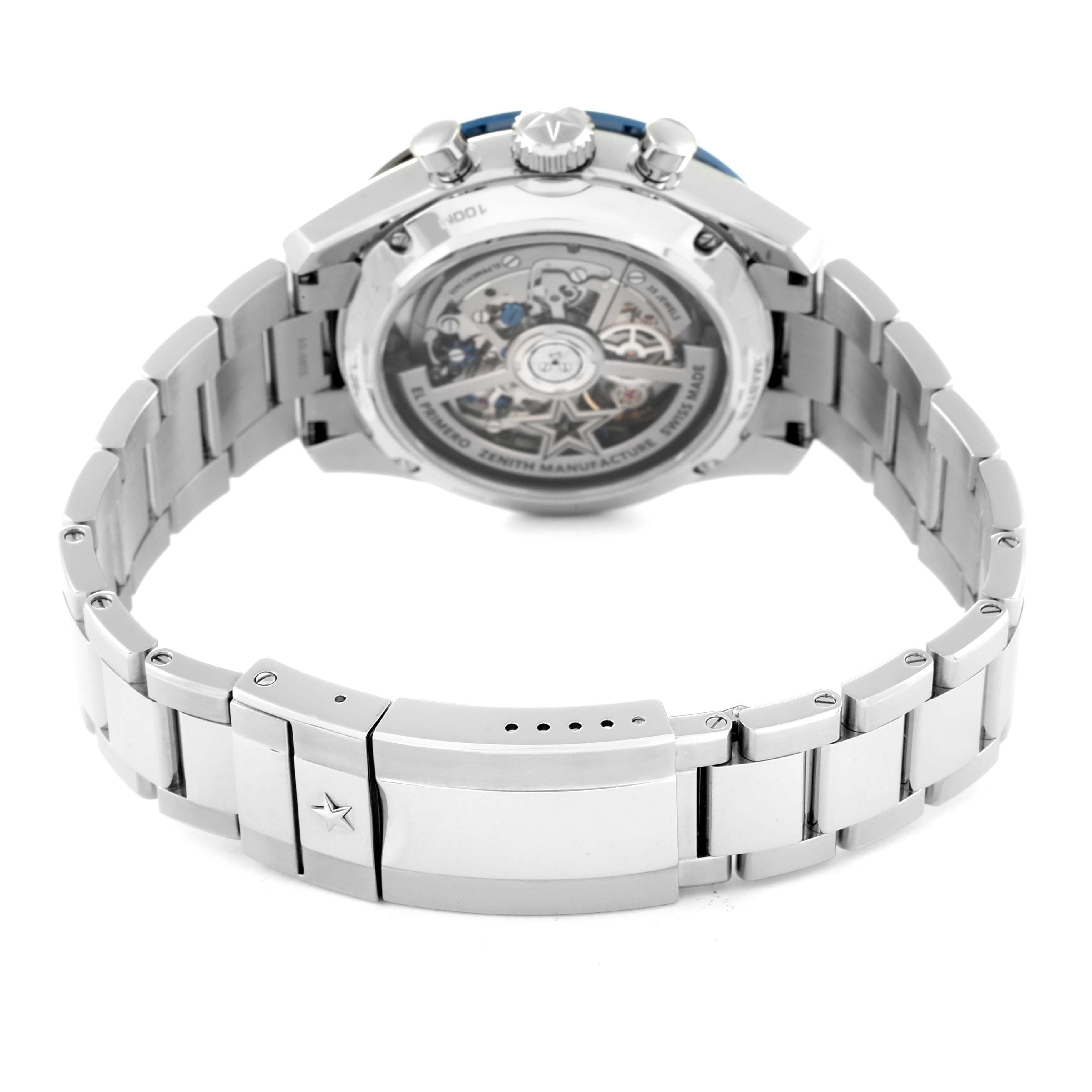 The image shows the back view of the Zenith Chronomaster 03.3103.3600/69.M3100 Men's Stainless Steel Silver Dial 03.3103.3600/69.M3100 Men's Stainless Steel Silver Dial watch, highlighting its open case back and stainless steel bracelet.