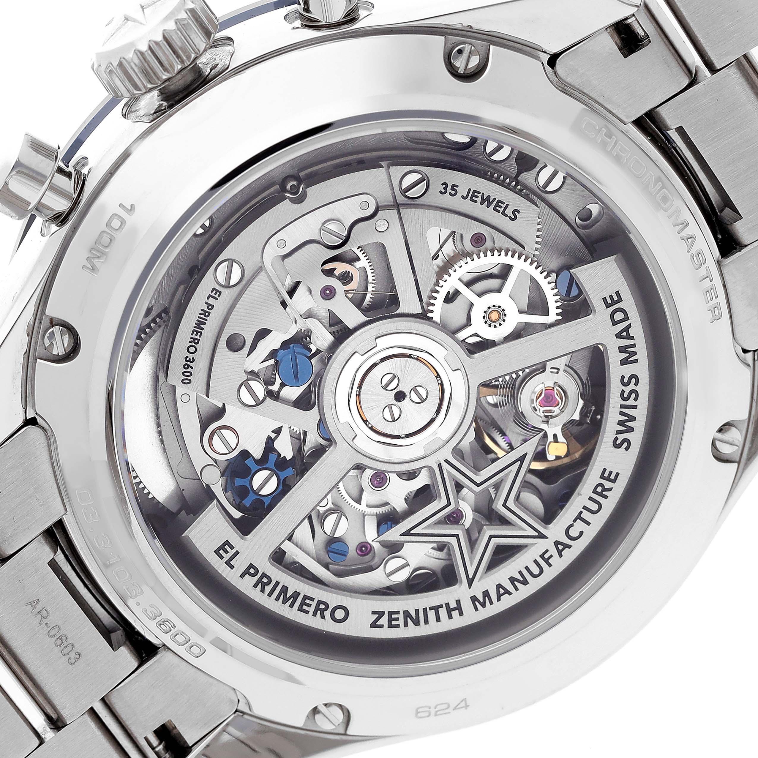 This image shows the back view of the Zenith Chronomaster 03.3103.3600/69.M3100 Men's Stainless Steel Silver Dial 03.3103.3600/69.M3100 Men's Stainless Steel Silver Dial watch, displaying its intricate movement and internal mechanisms.